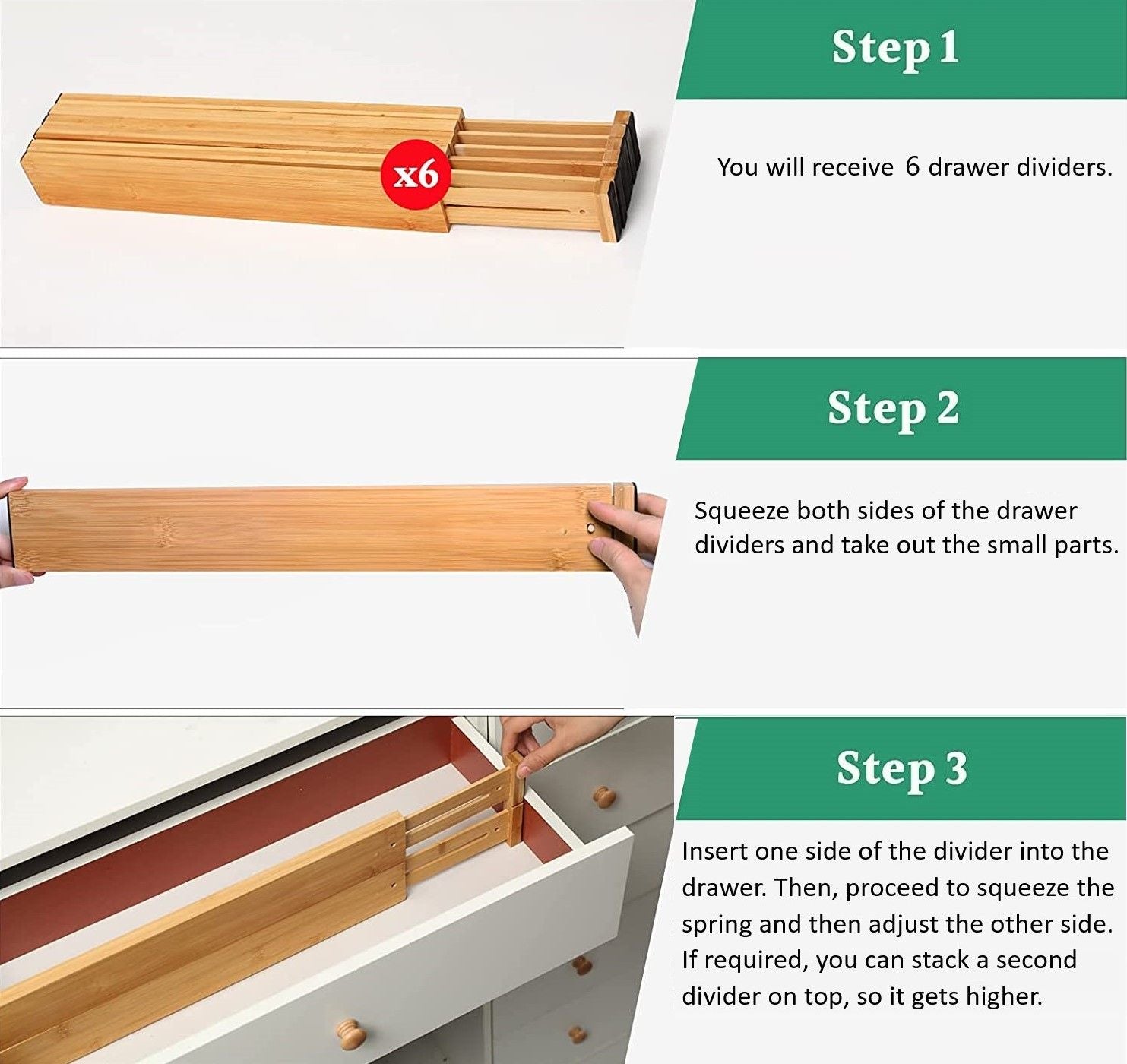 6 bamboo drawer divider parts shown for installation steps with spring clasps