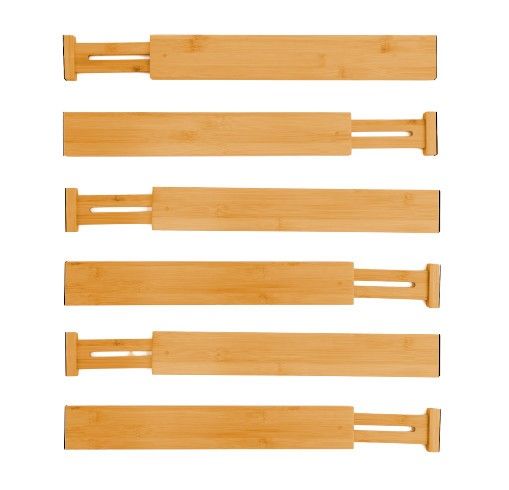 Set of bamboo drawer dividers with natural wood bars and black end caps