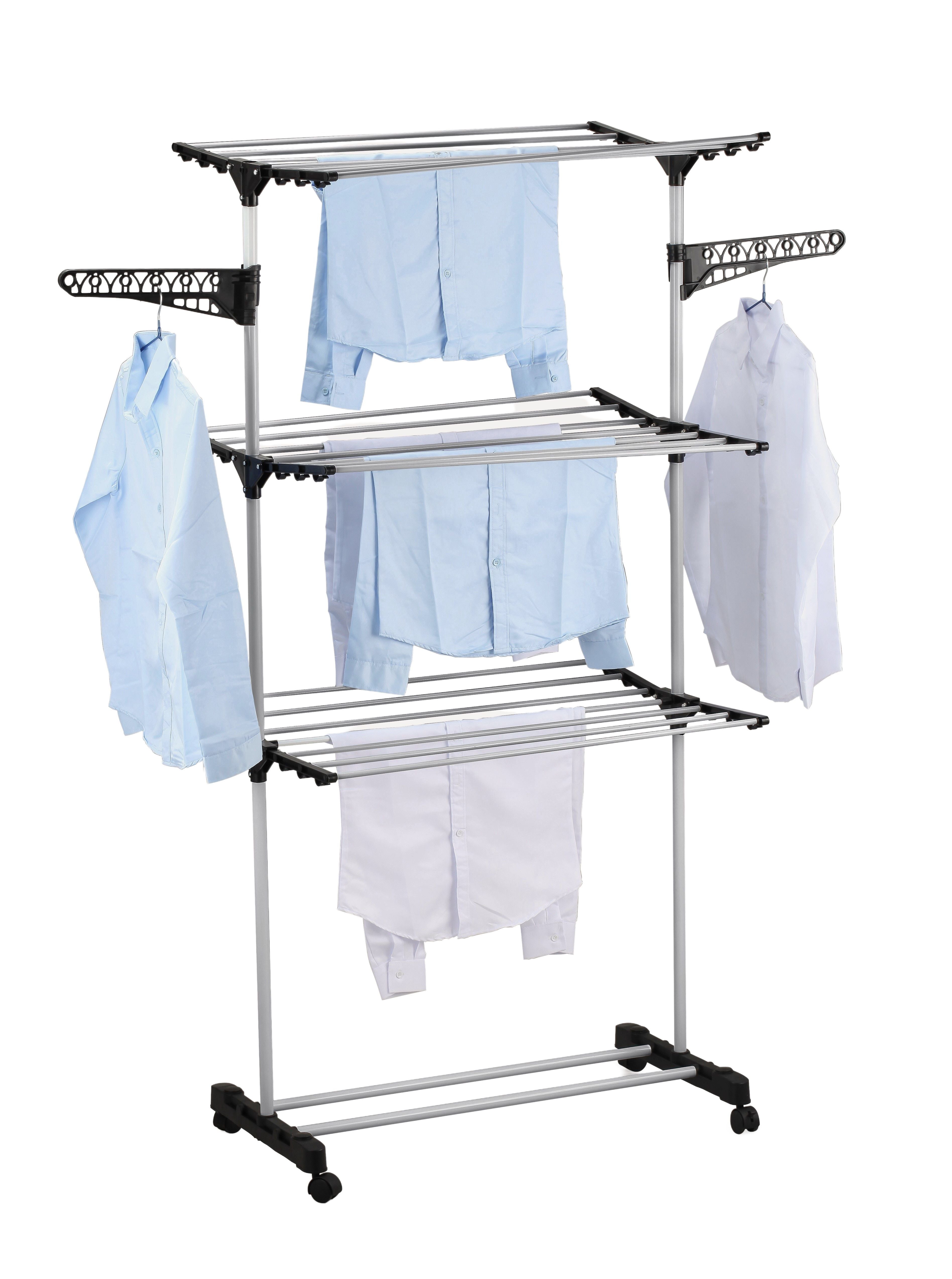 3-tier clothes drying rack with three bars, side clips, and wheeled stand, holding garments