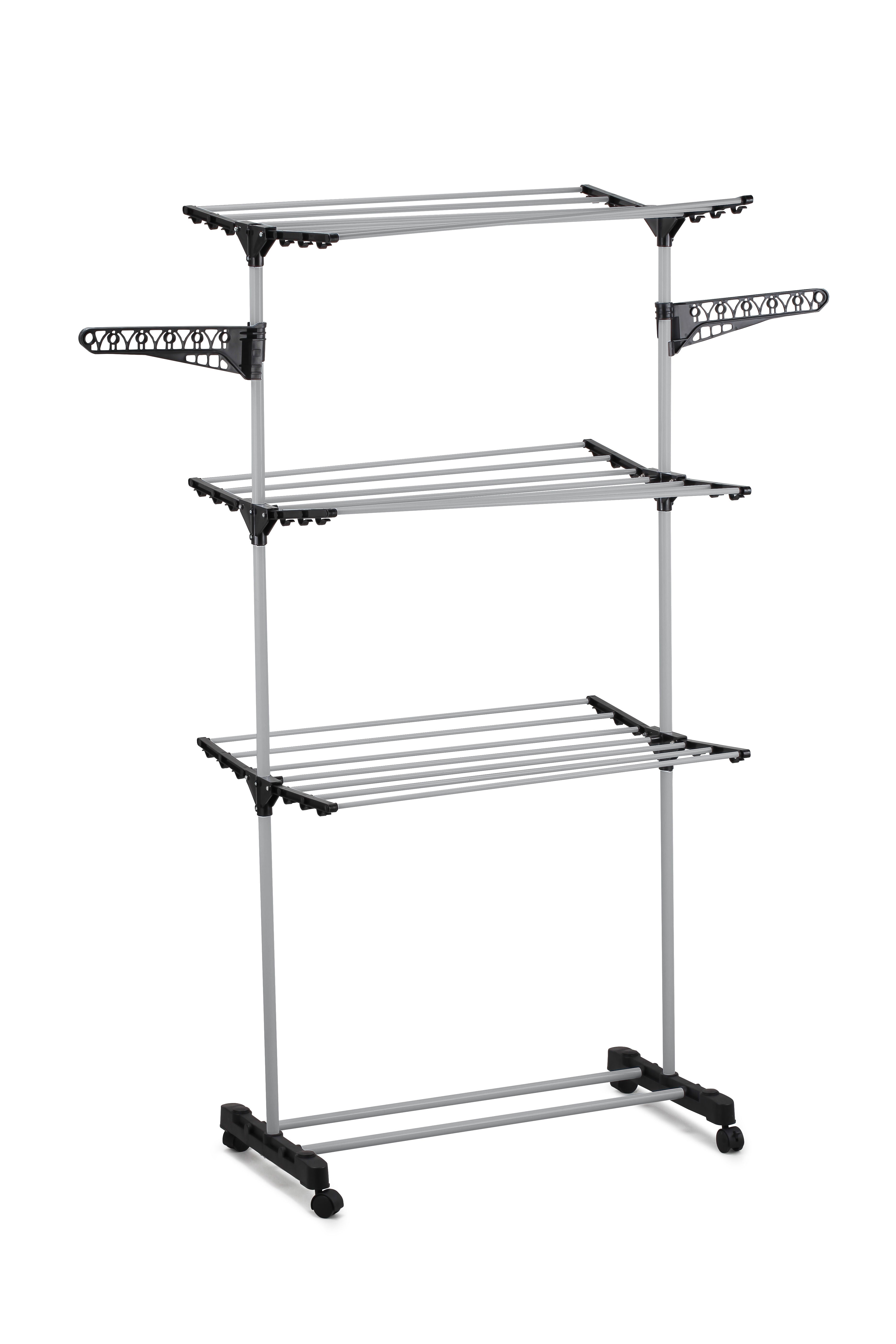 3-tier clothes drying rack frame with three bars and side supports, freestanding with wheels