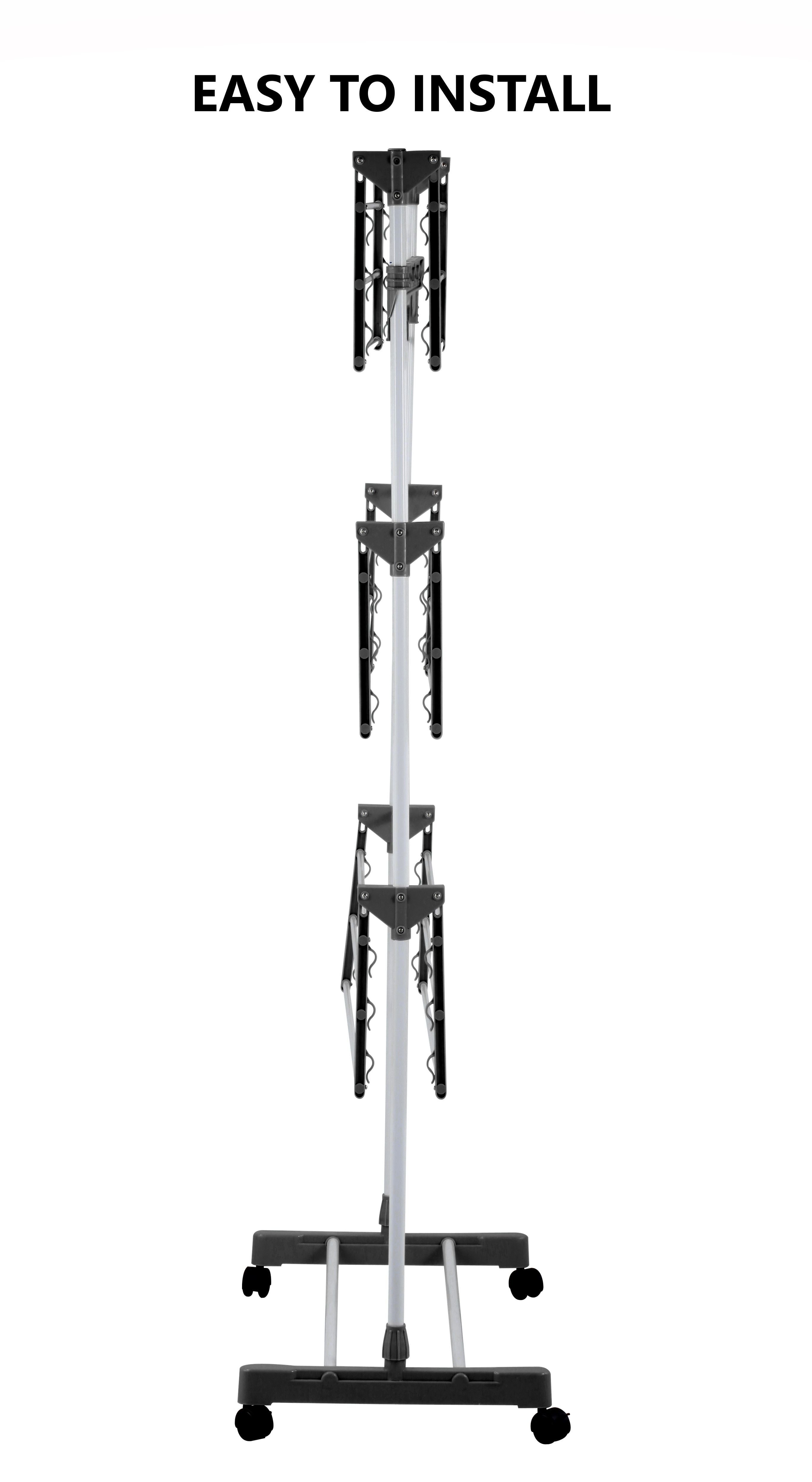 3-tier clothes drying rack with height-adjusting legs and wheeled base, upright view