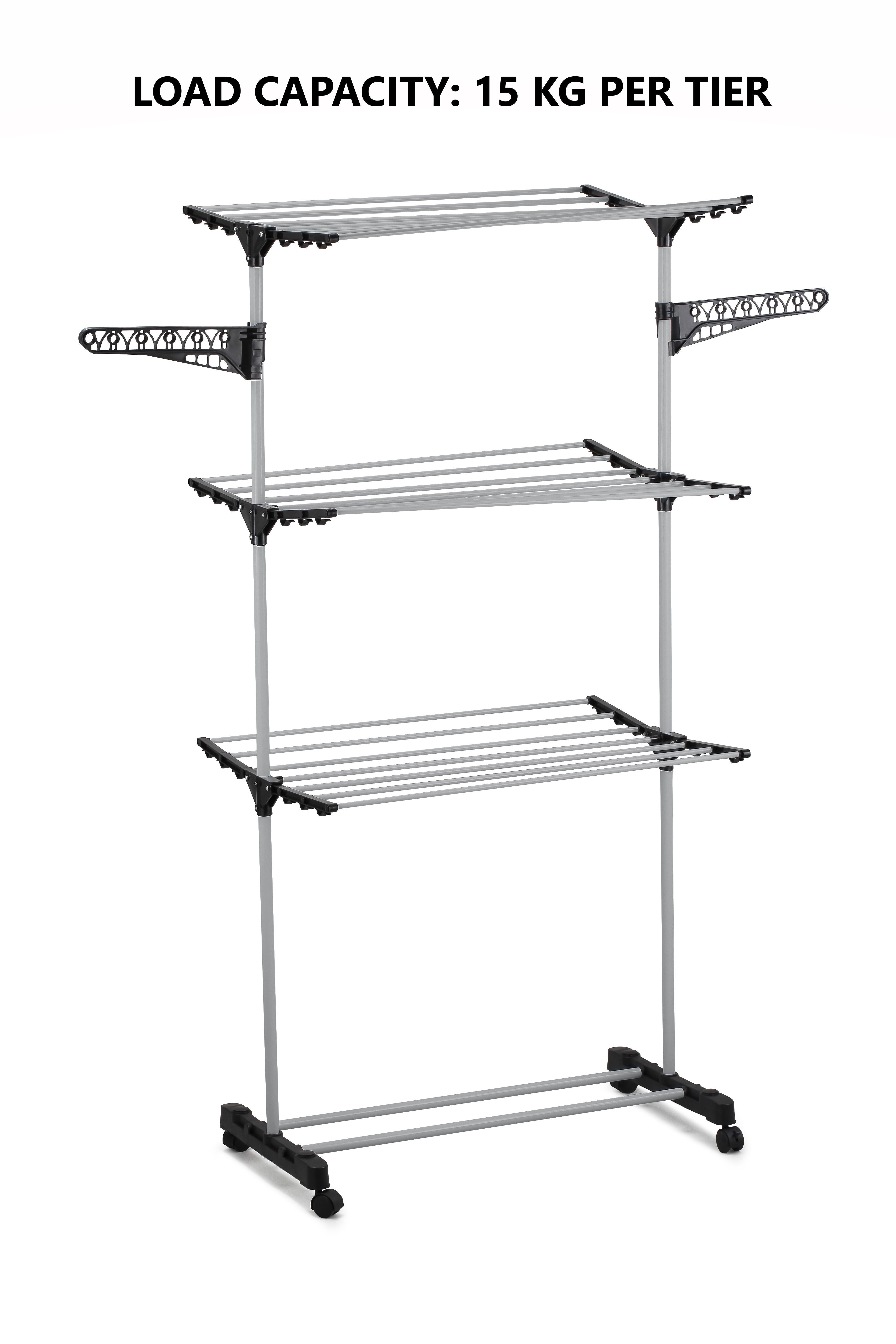 3-tier clothes drying rack with three bars and wheeled stand, front view