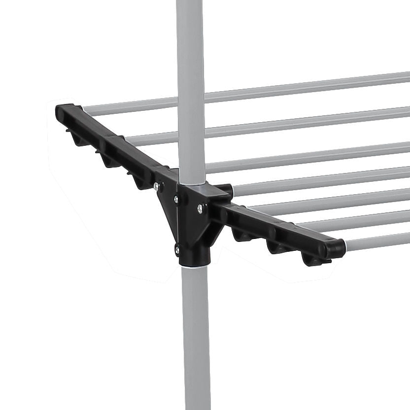 Foldable rack hinge with black locking bracket on vertical support pole