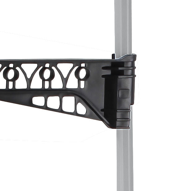 Rack shelf end bracket with hanging loops and fold-down support piece, close-up