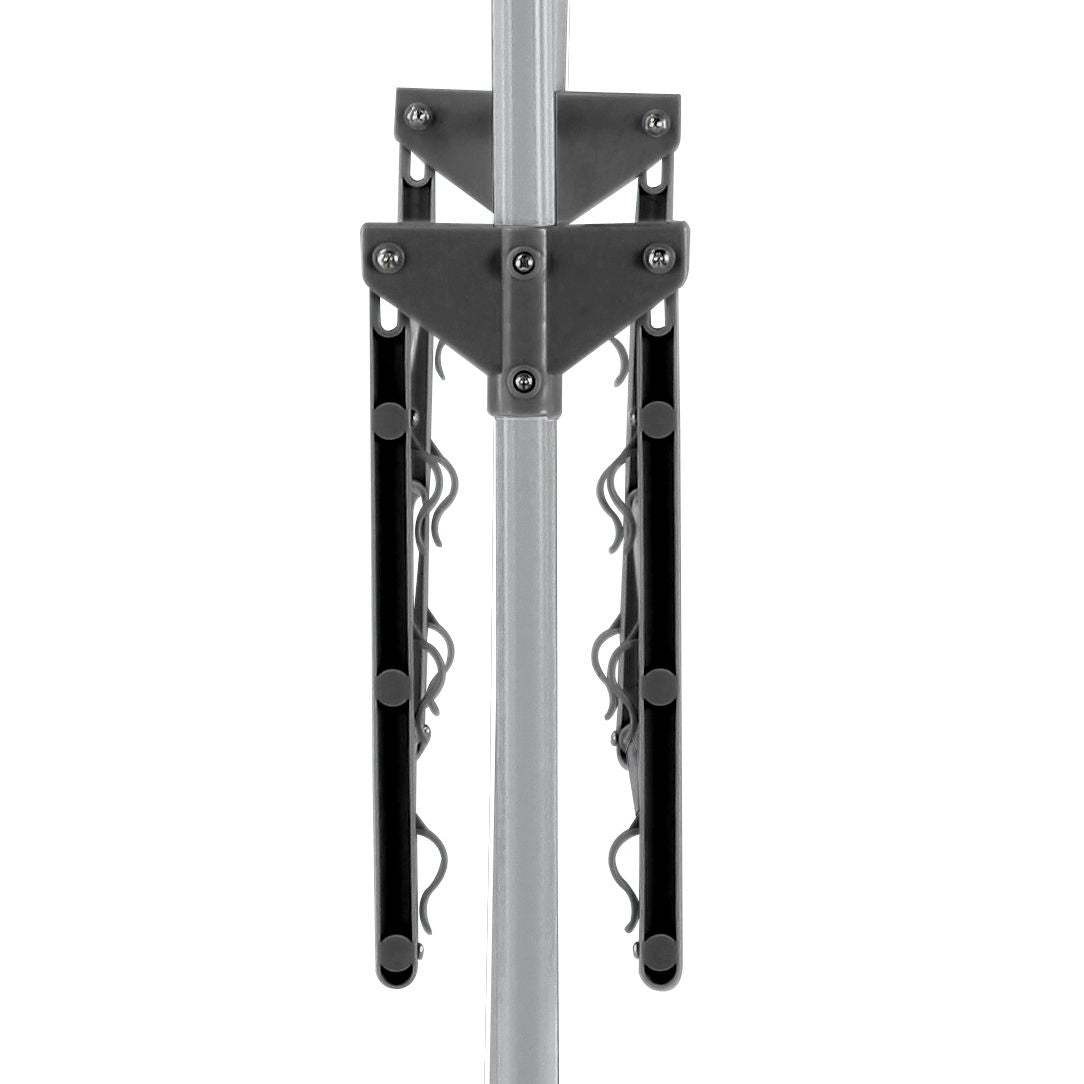 Rack height-lock assembly with spring clips and black leg supports, close-up