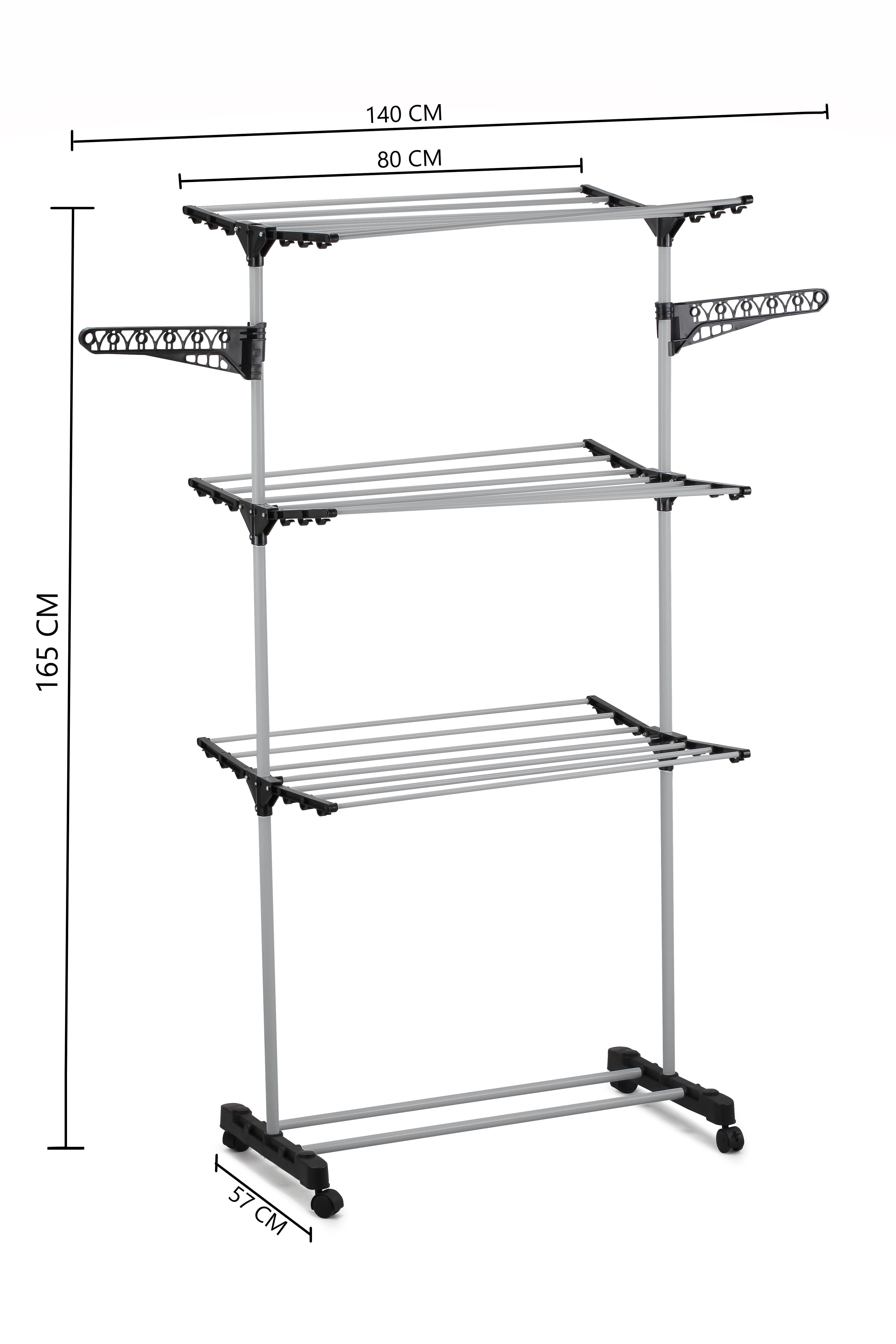3-tier clothes drying rack with three bars and wheeled base, shown with measurements