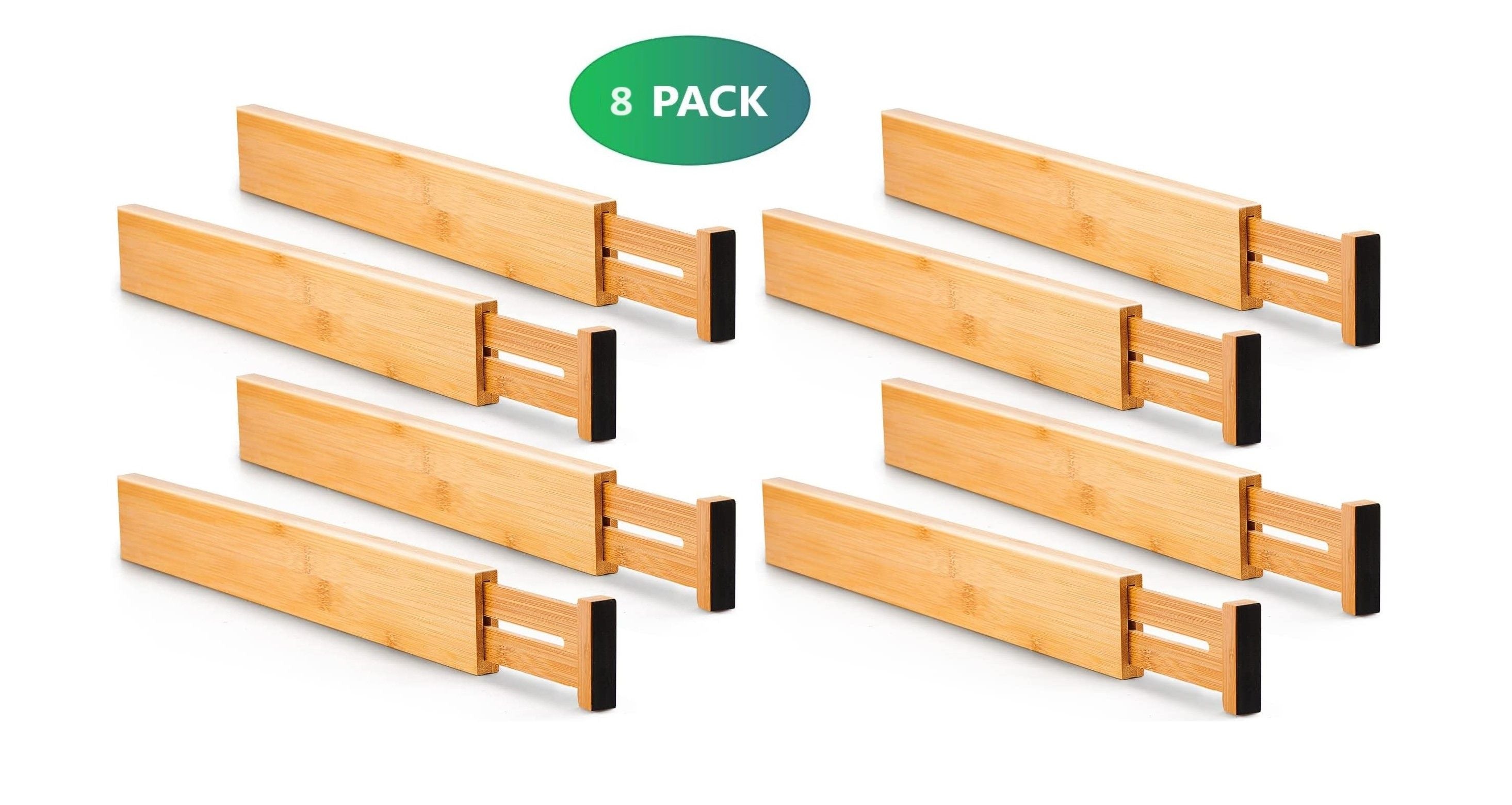 Bamboo kitchen drawer dividers, 8-pack set with adjustable end tabs