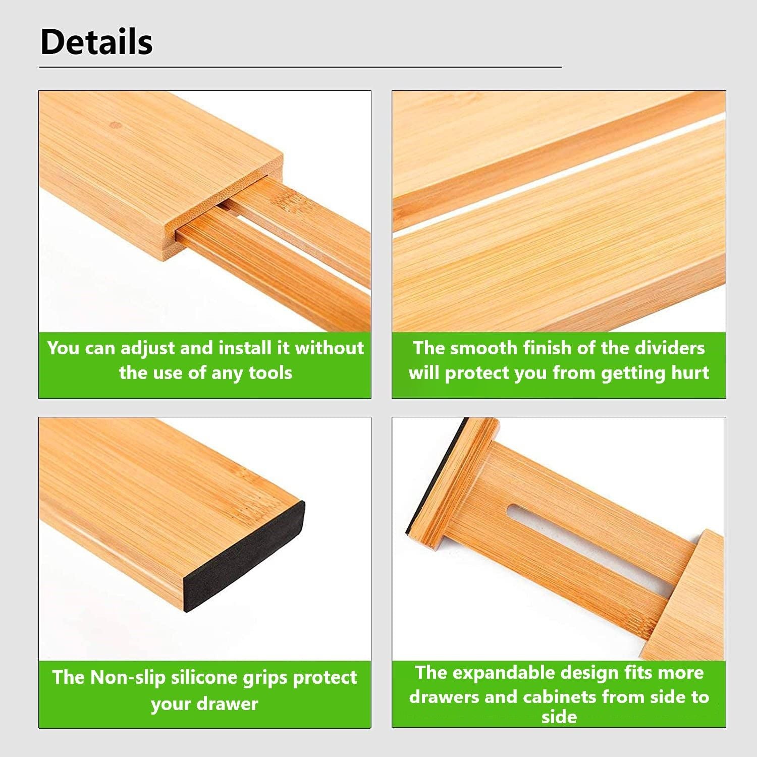 Bamboo drawer divider with smooth finish and non-slip silicone grip pads