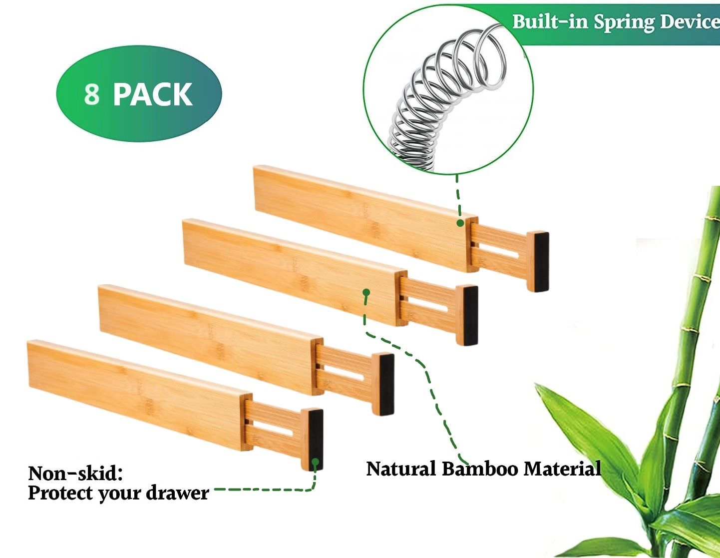 Bamboo drawer divider set with spring device for secure installation