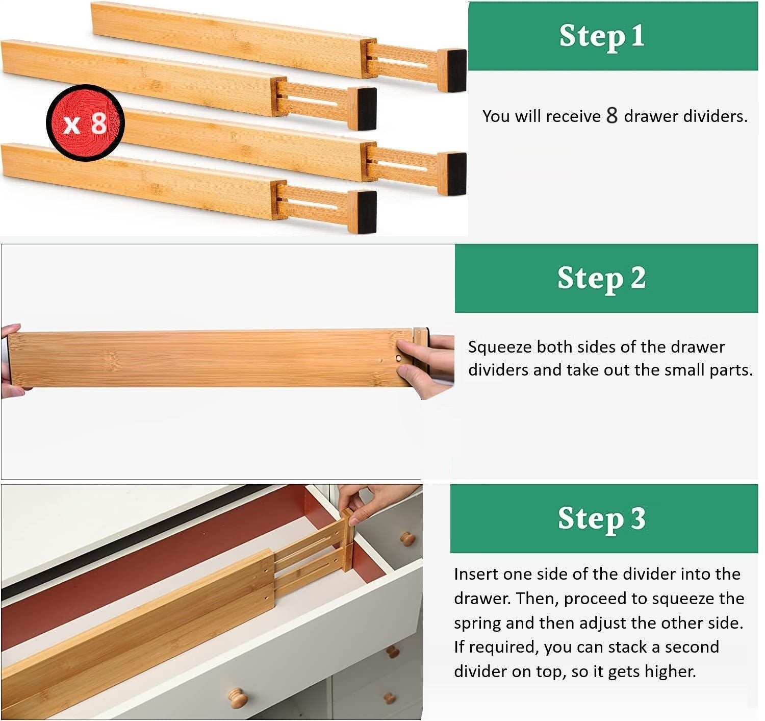 Bamboo drawer divider showing adjustable sides and spring locking fit