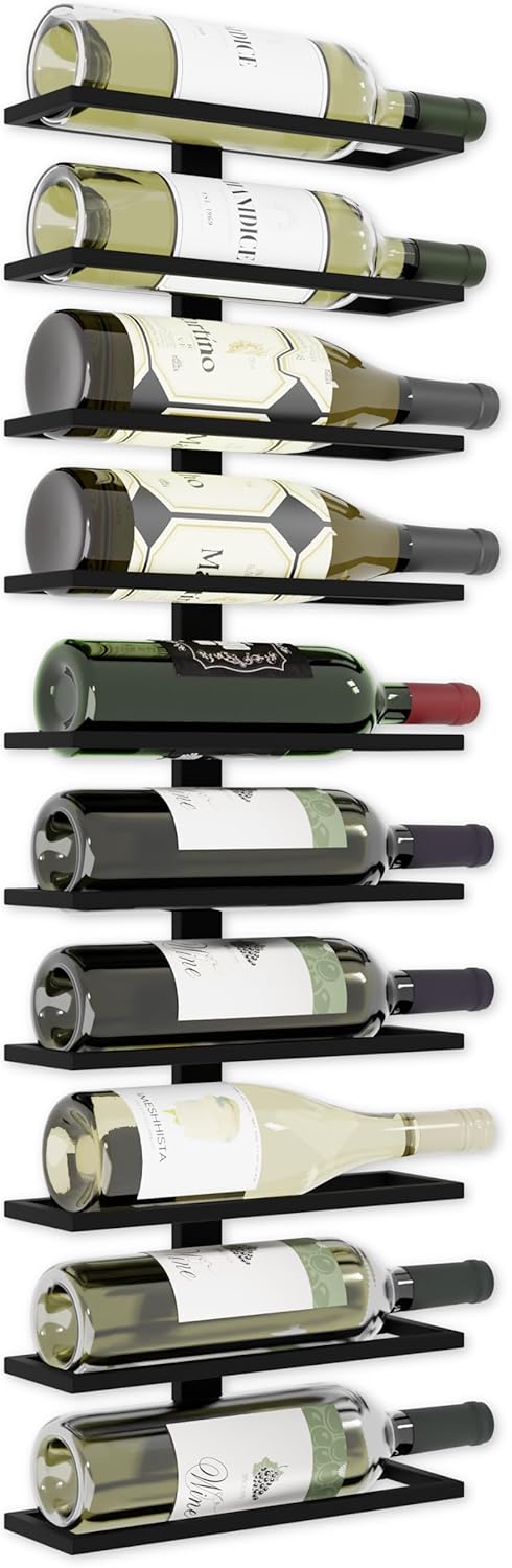 Black metal wall-mounted wine rack holding wine bottles on horizontal bars.