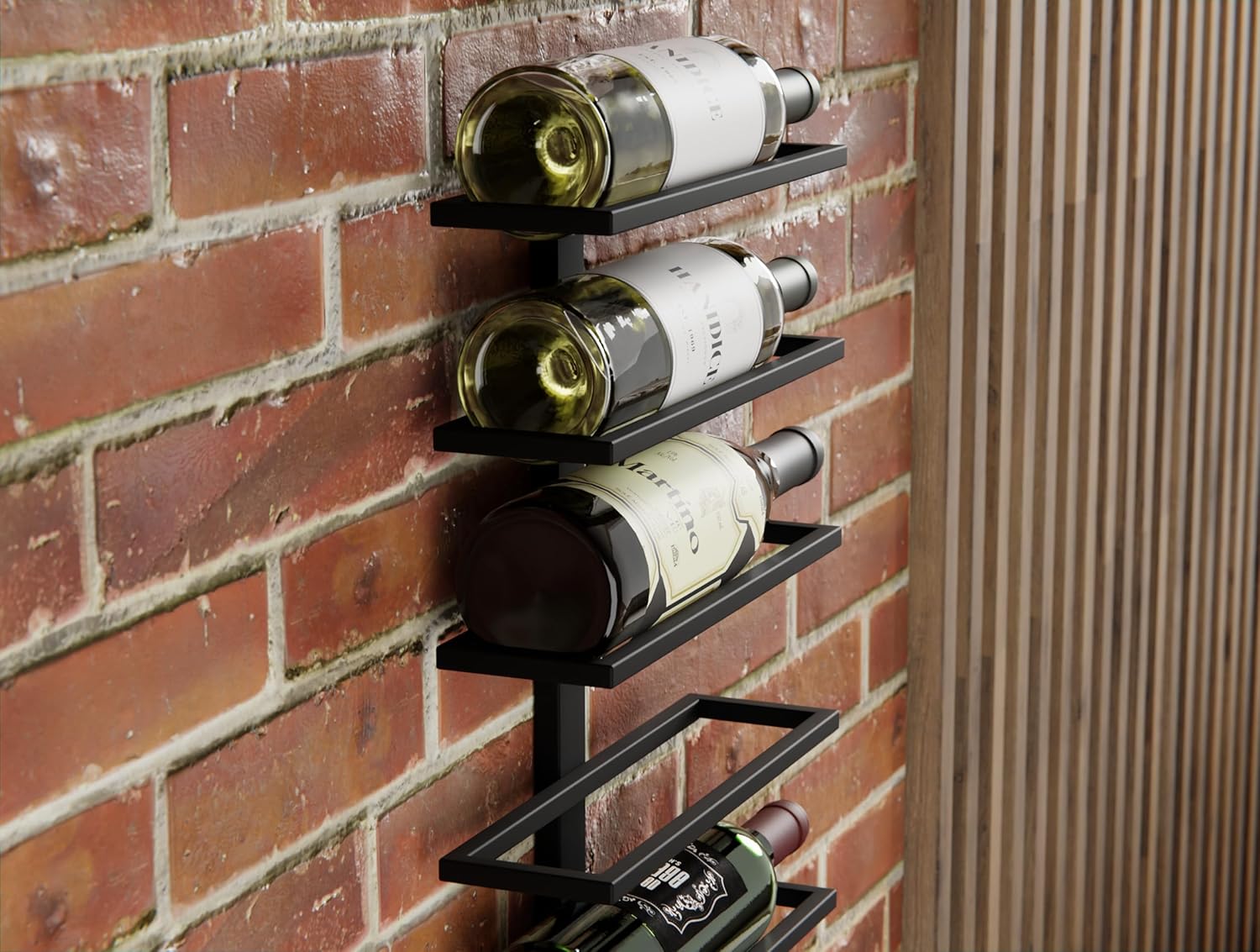 Black metal wall-mounted wine rack with wine bottles on horizontal shelf bars.