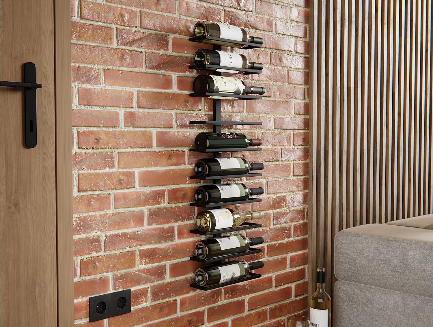 Black metal wall-mounted wine rack on brick wall with multiple wine bottles.