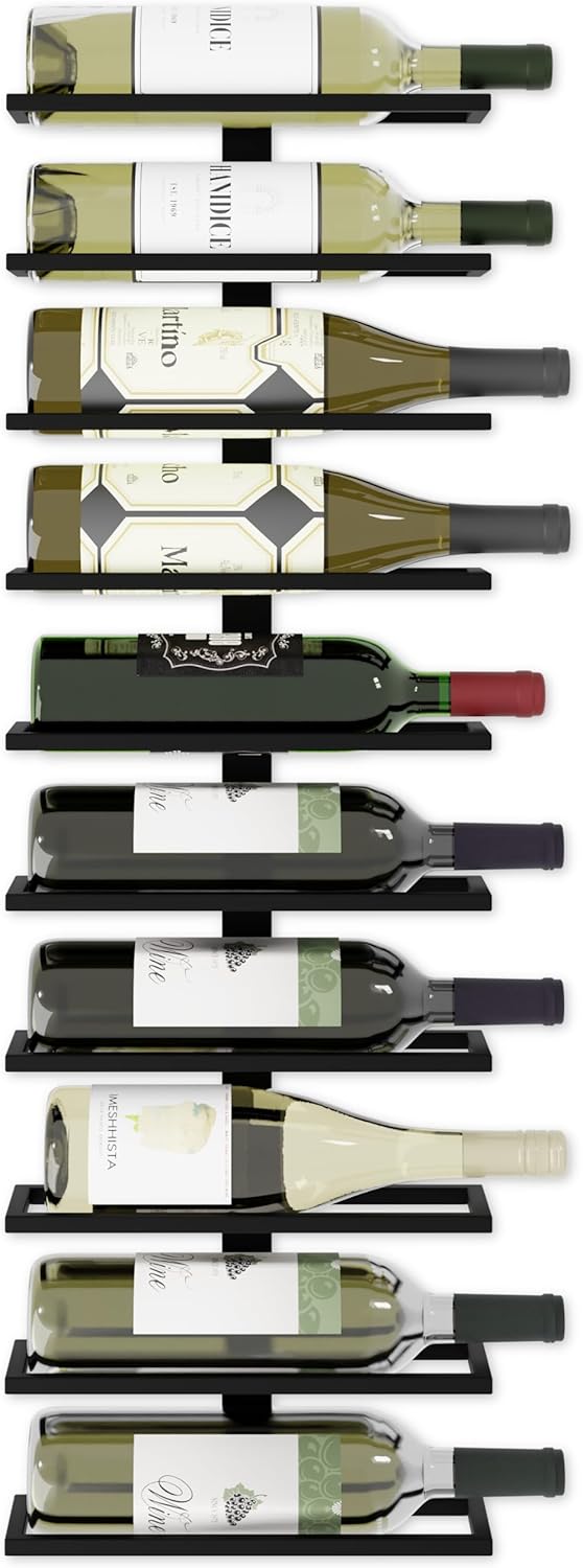 Black metal wall-mounted wine rack showing multiple bottle slots with wine bottles.