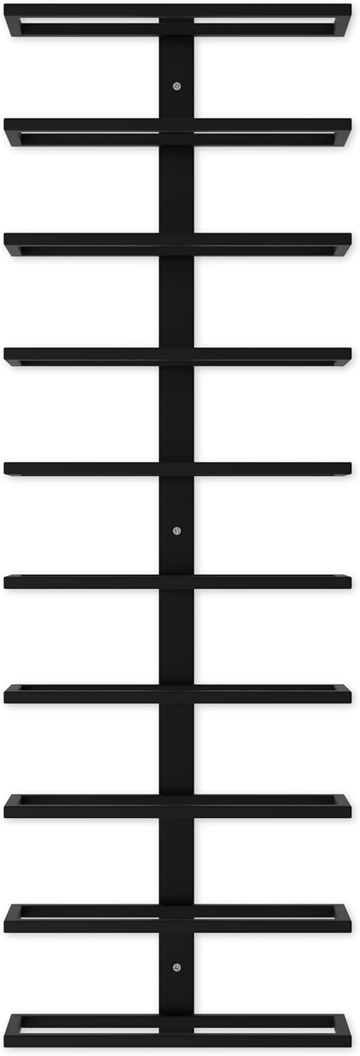 Black metal wall-mounted wine rack frame with multiple horizontal bars.