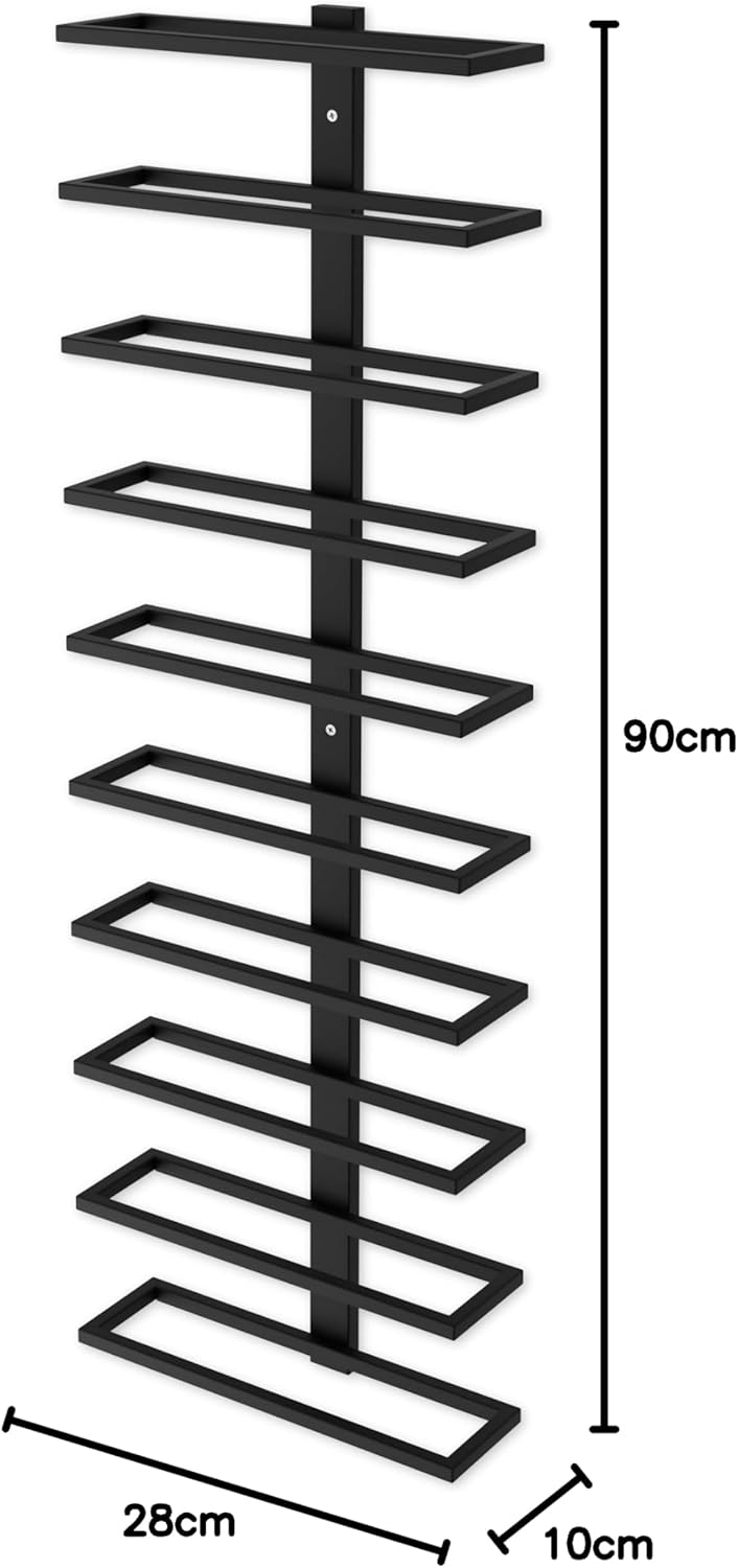 Black metal wall-mounted wine rack dimensions: 90cm tall, 28cm wide, 10cm deep.