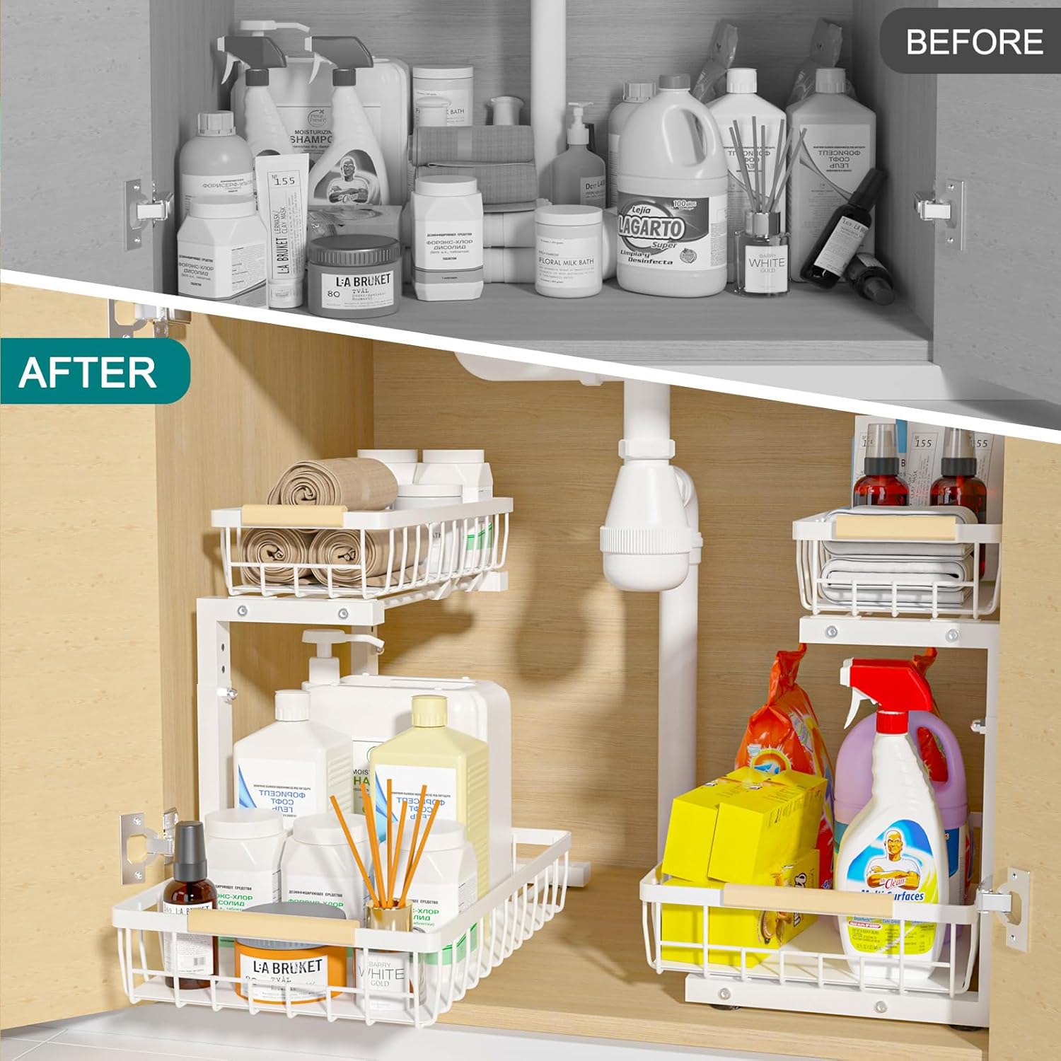 Set 2 pcs - 2-Tier Kitchen Under Sink Organiser Storage with Height Adjustable, Unique Slide Rail & Suction Cups for Storage