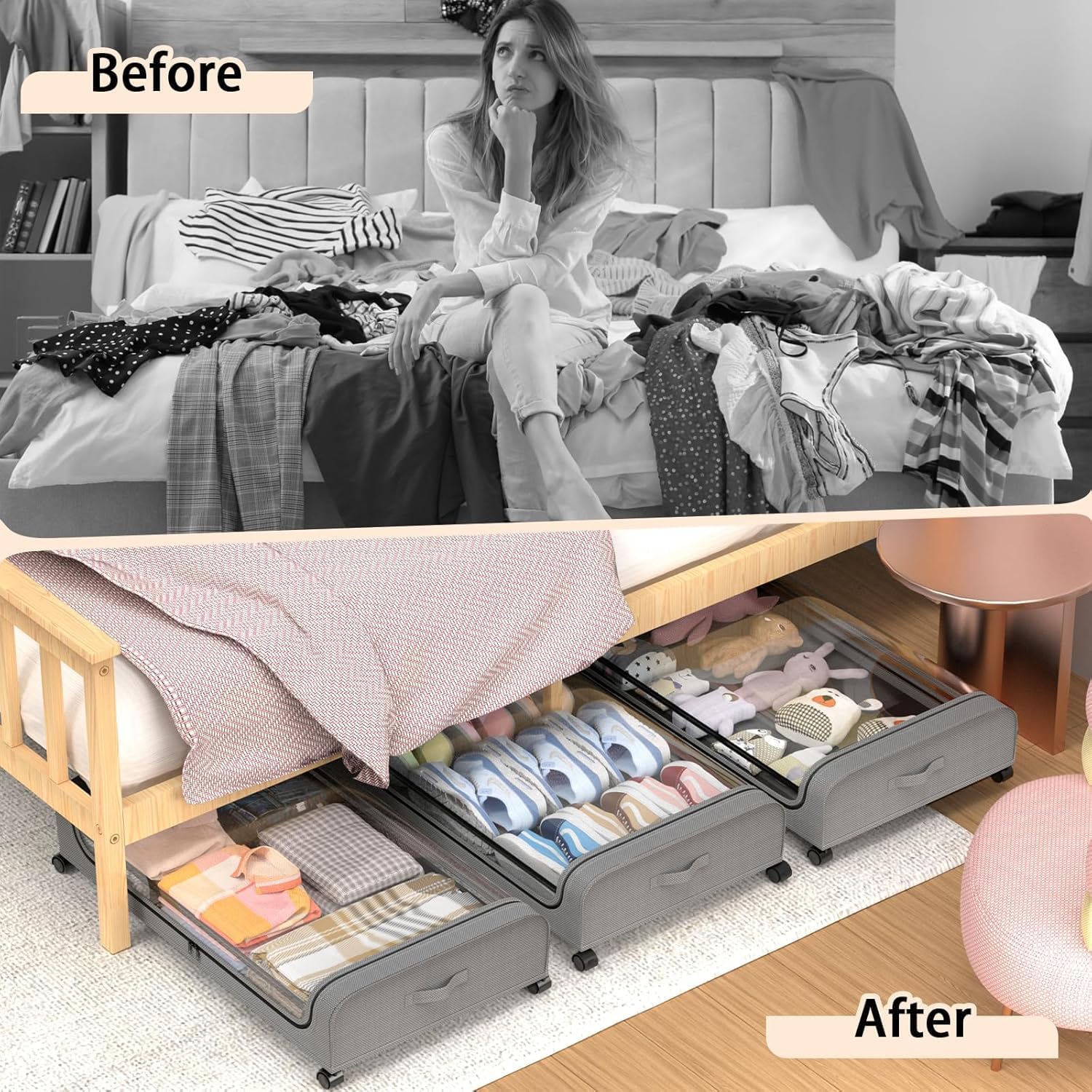 Set 2 Pcs XXL Under Bed Rolling Storage Containers with 50L Large Capacity and Wheels