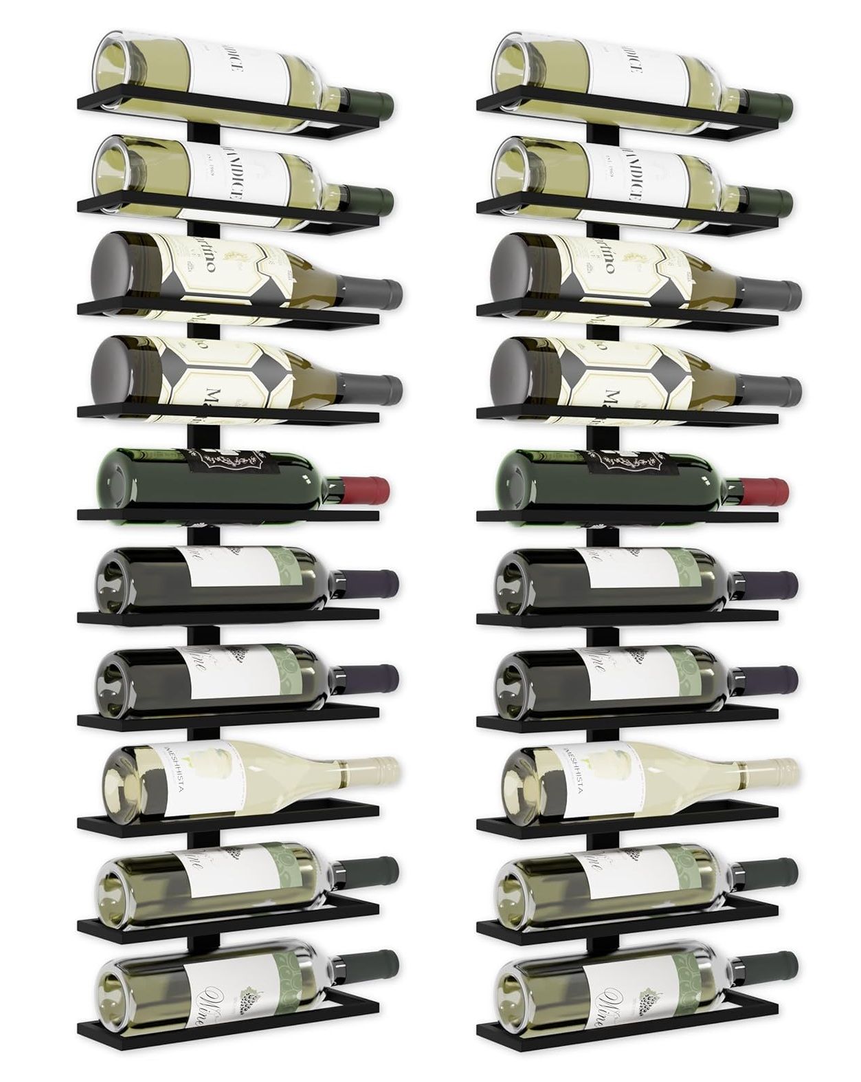 Metal wall mount wine rack set with multiple black slots holding wine bottles