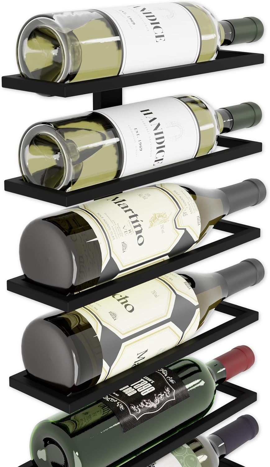 Metal wall mount wine rack with black bars holding three visible wine bottles