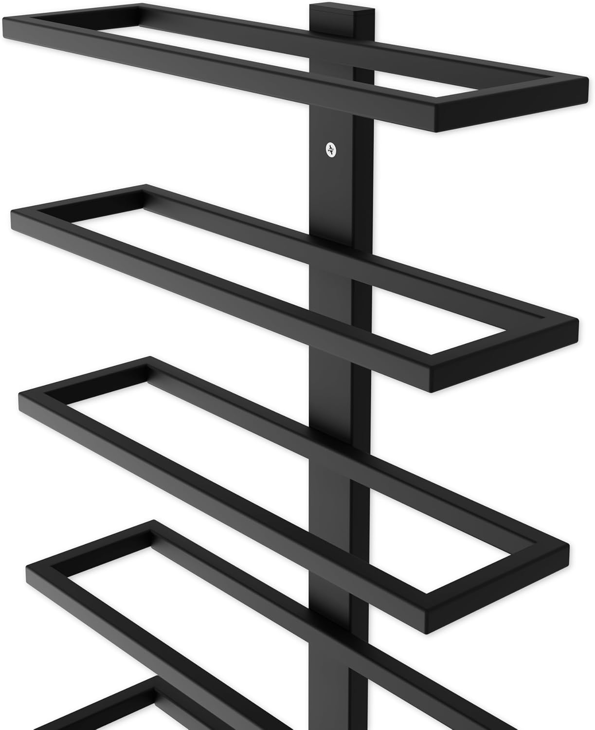 Metal wall mount wine rack with three open horizontal shelves and central vertical bar