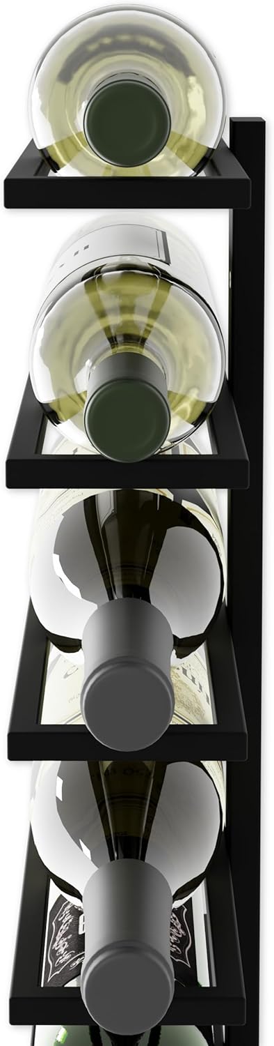 Metal wall mount wine rack with black bars holding three wine bottles from above