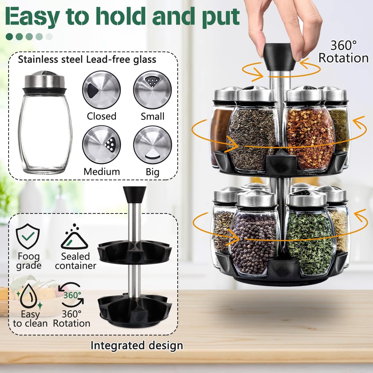 CARLA HOME Rotating Spice Rack Organizer with 16 Glass Jars for Kitchen Seasoning and Herb Storage