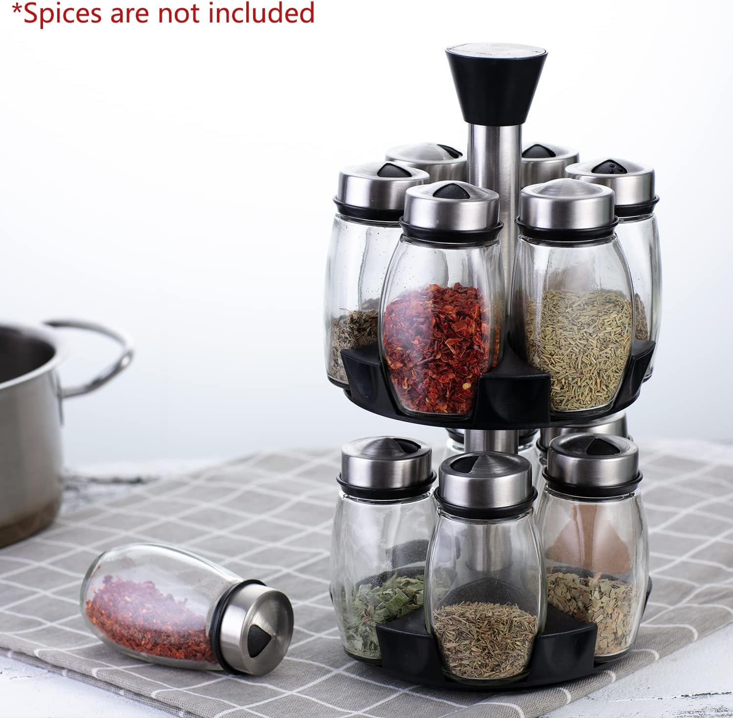 CARLA HOME Rotating Spice Rack Organizer with 16 Glass Jars for Kitchen Seasoning and Herb Storage
