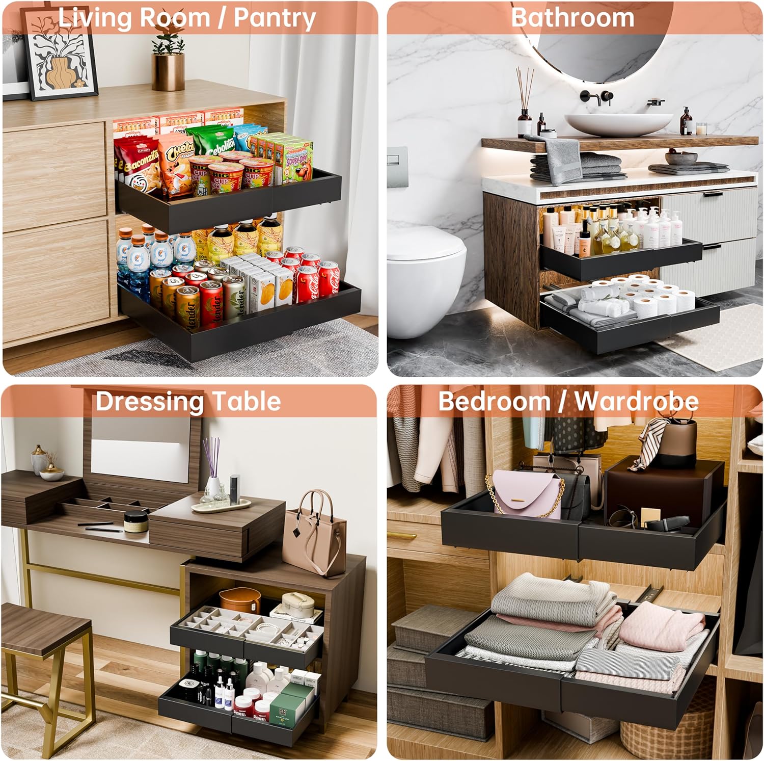 CARLA HOME Pack Pull Out Cabinet Organizer Expandable for Cabinets with Adjustable Slide Out Shelves and Easy Installation (Black)