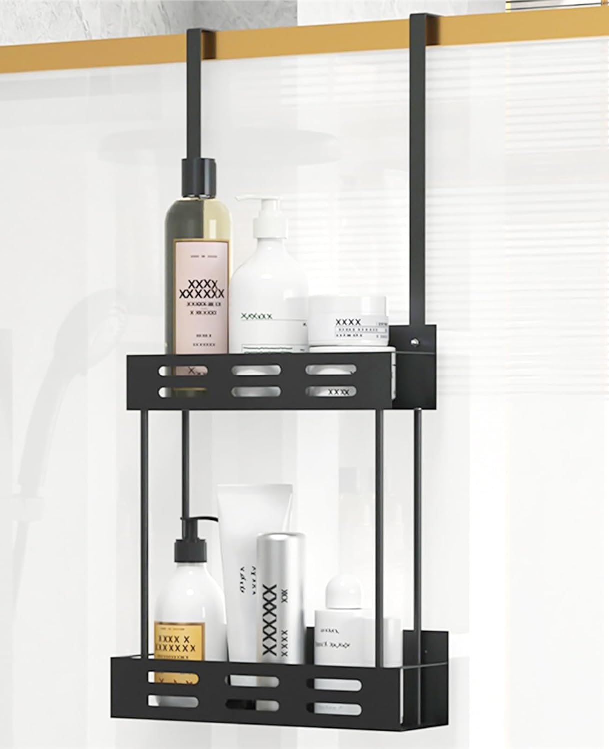 Over-the-door 2-tier shower caddy with hooks, black metal shelves for bathroom toiletries