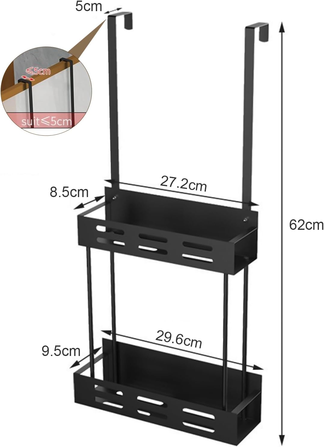 Over-the-door 2-tier shower caddy with hooks, black metal frame and two shelves