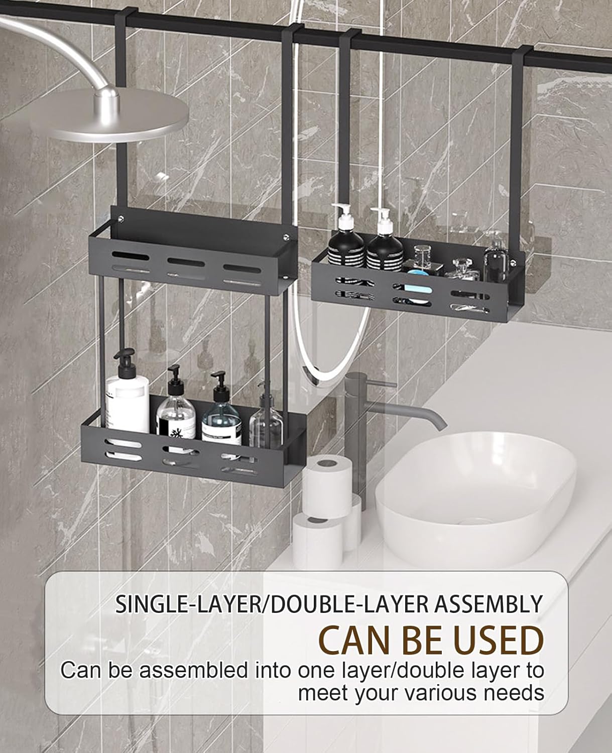 Over-the-door 2-tier shower caddy with hooks, black metal shelves holding bathroom toiletries