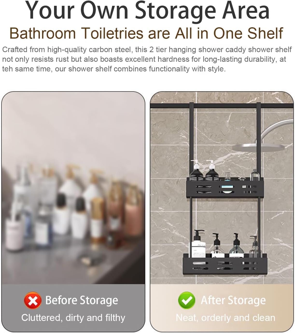 Over-the-door 2-tier shower caddy shelf unit with hooks, black metal shelves