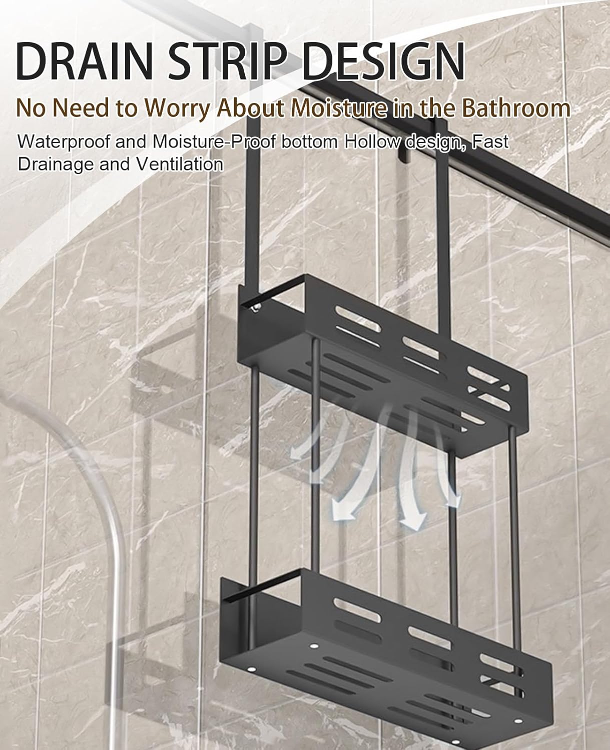 Two-tier shower caddy with hooks, black metal shelves with slotted drainage