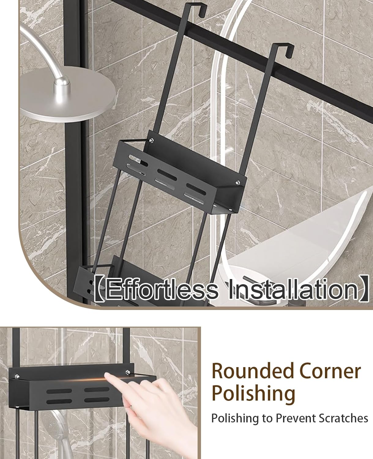 Two-tier over-the-door shower caddy with hooks, black metal shelves and rounded corners