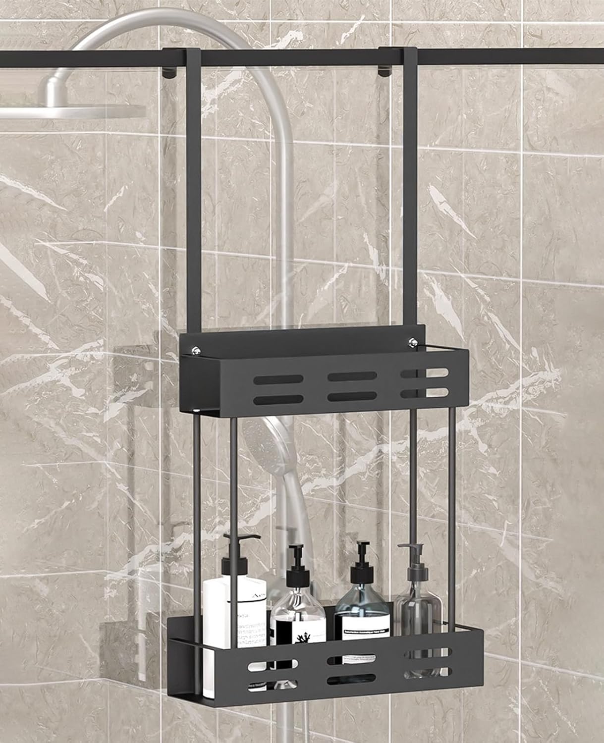 Over-the-door 2-tier shower caddy with hooks, black metal shelves mounted on glass