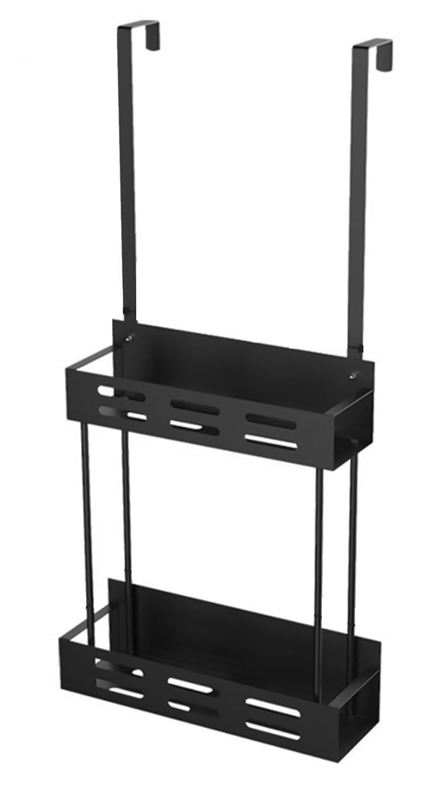 Over-the-door 2-tier shower caddy with hooks, black metal frame and two shelves