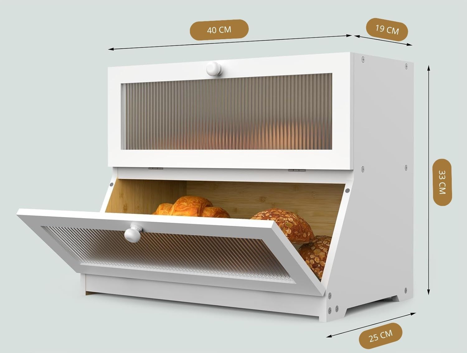 Open white double-layer bamboo bread box showing bread inside and front vented doors