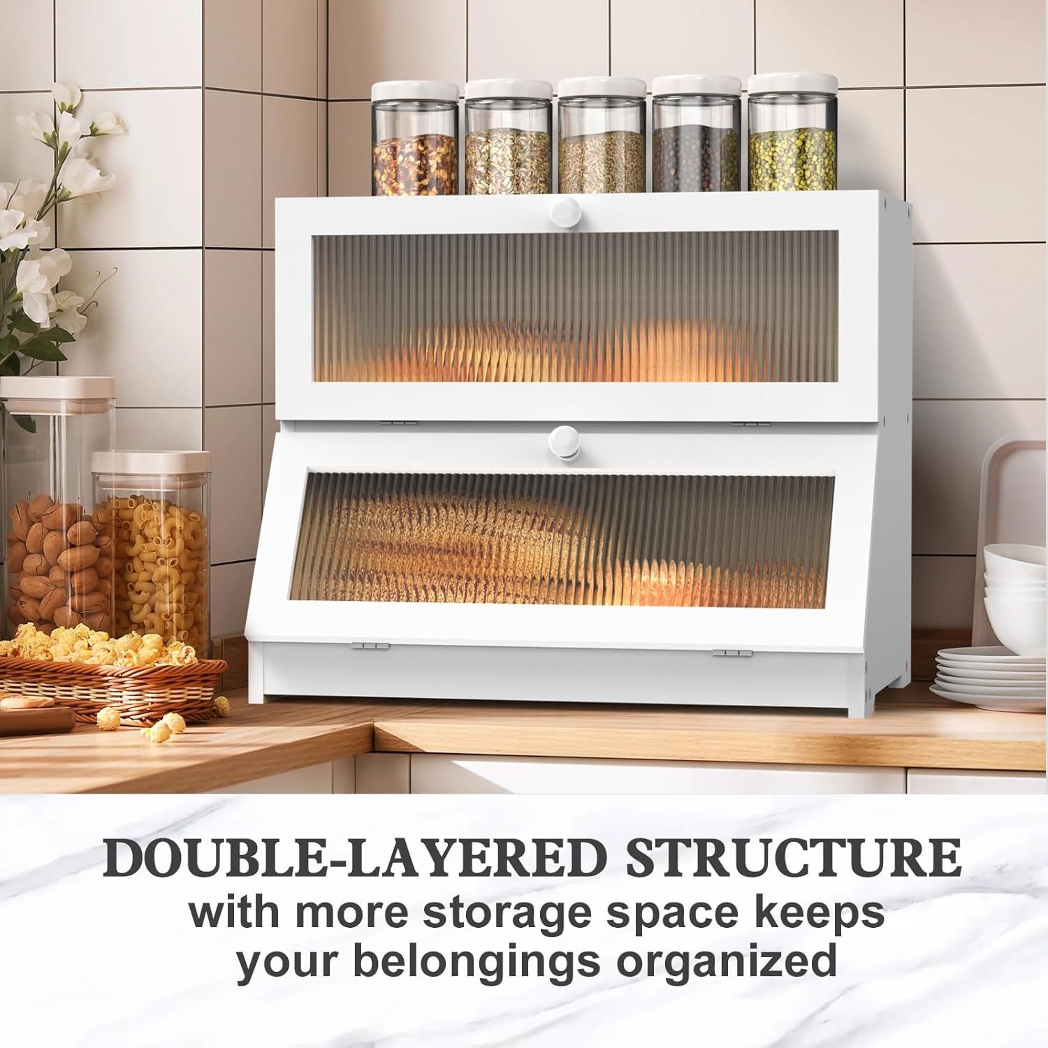 White double-layer bamboo bread storage container with two windowed compartments