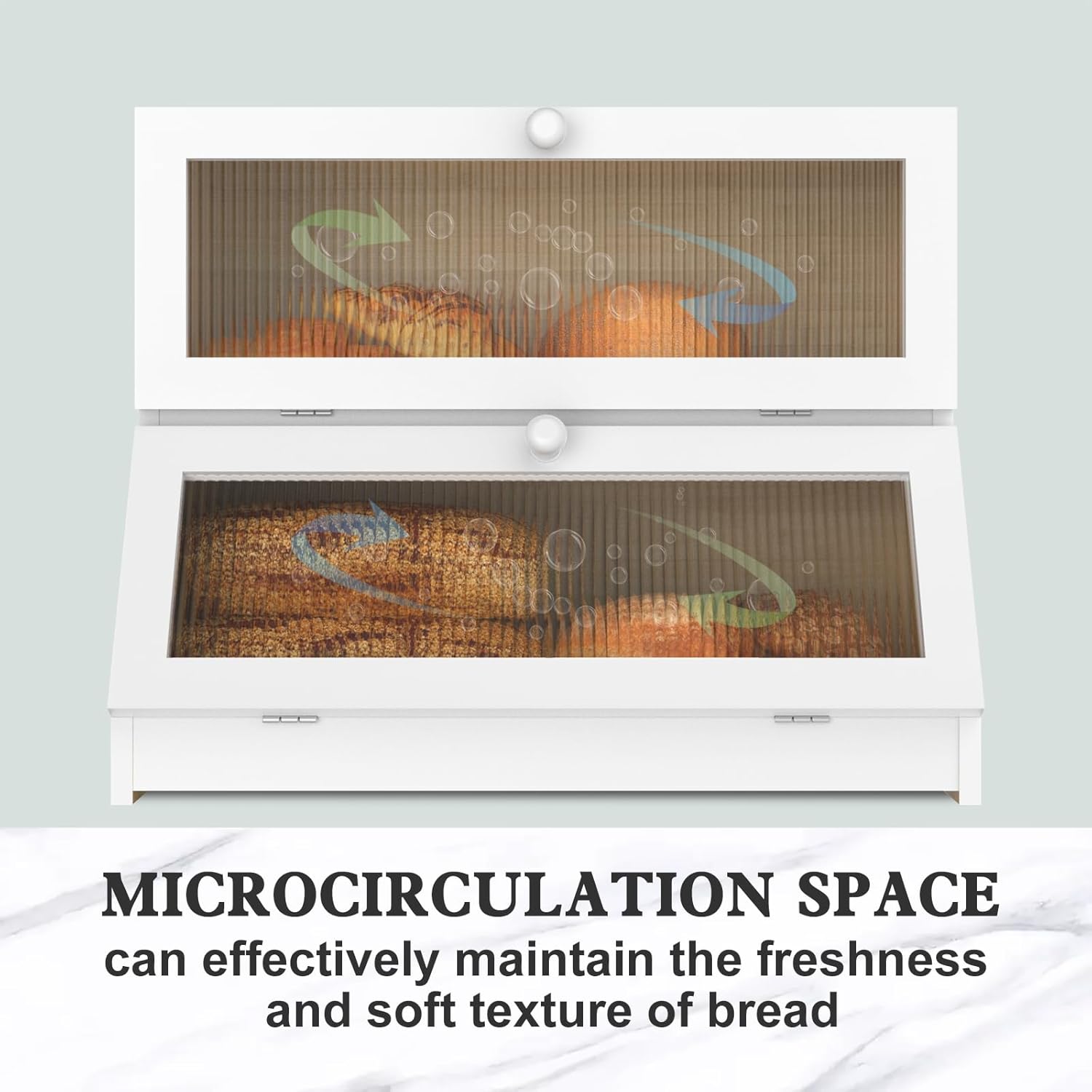 White double-layer bamboo bread box with two windowed doors and bread inside