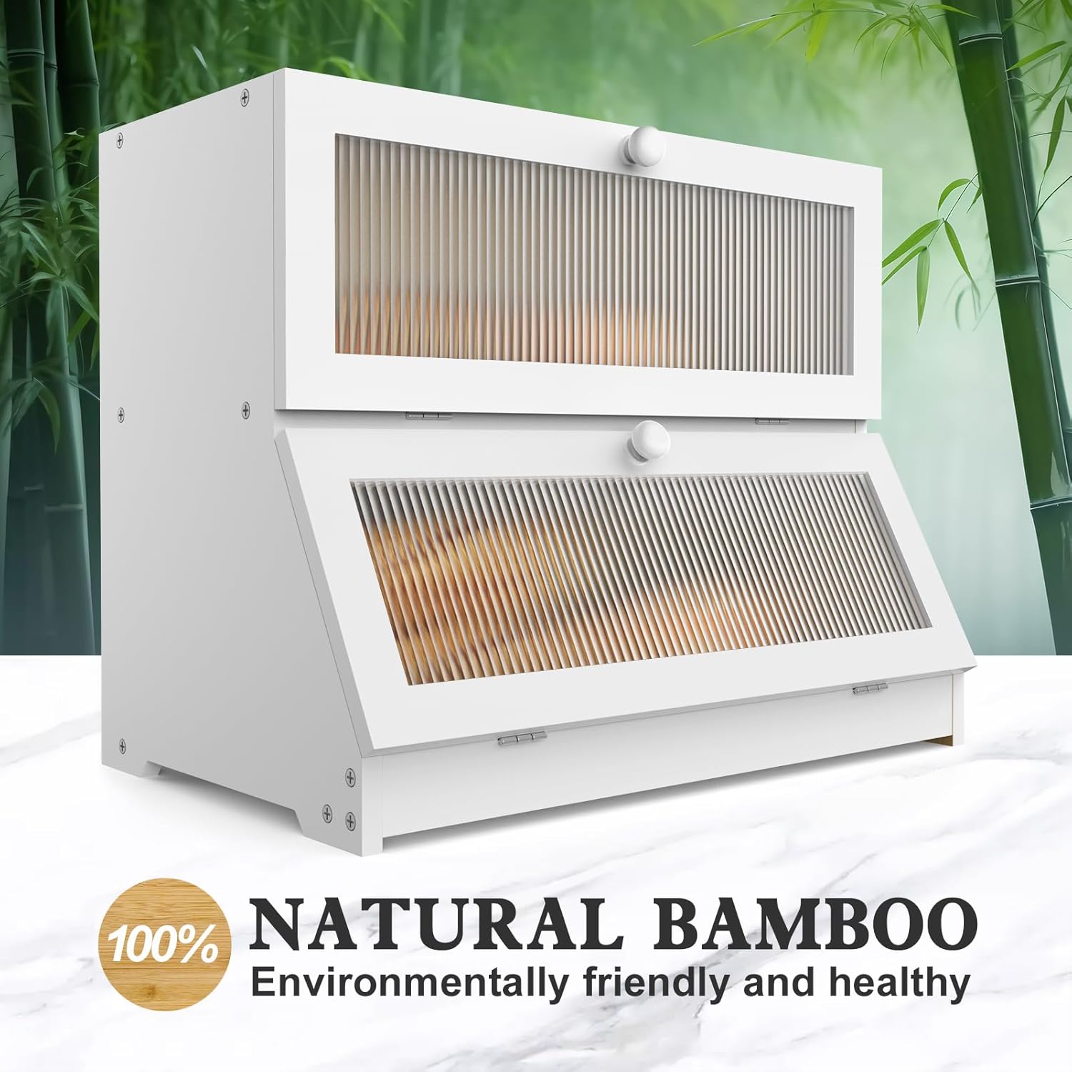 White double-layer bamboo bread box with front slat windows and rounded top knobs