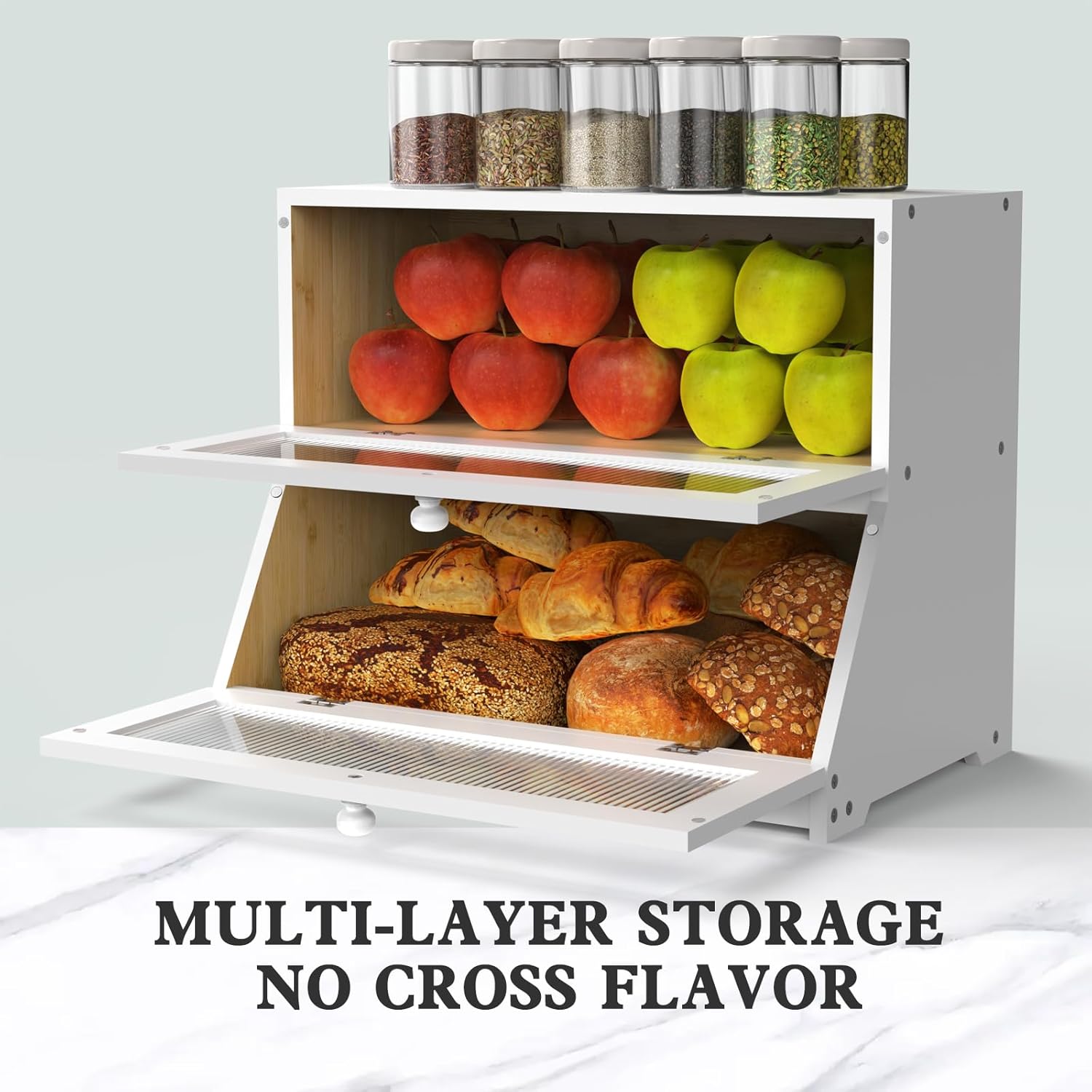 White double-layer bamboo bread box open to show apples and bread in separate shelves