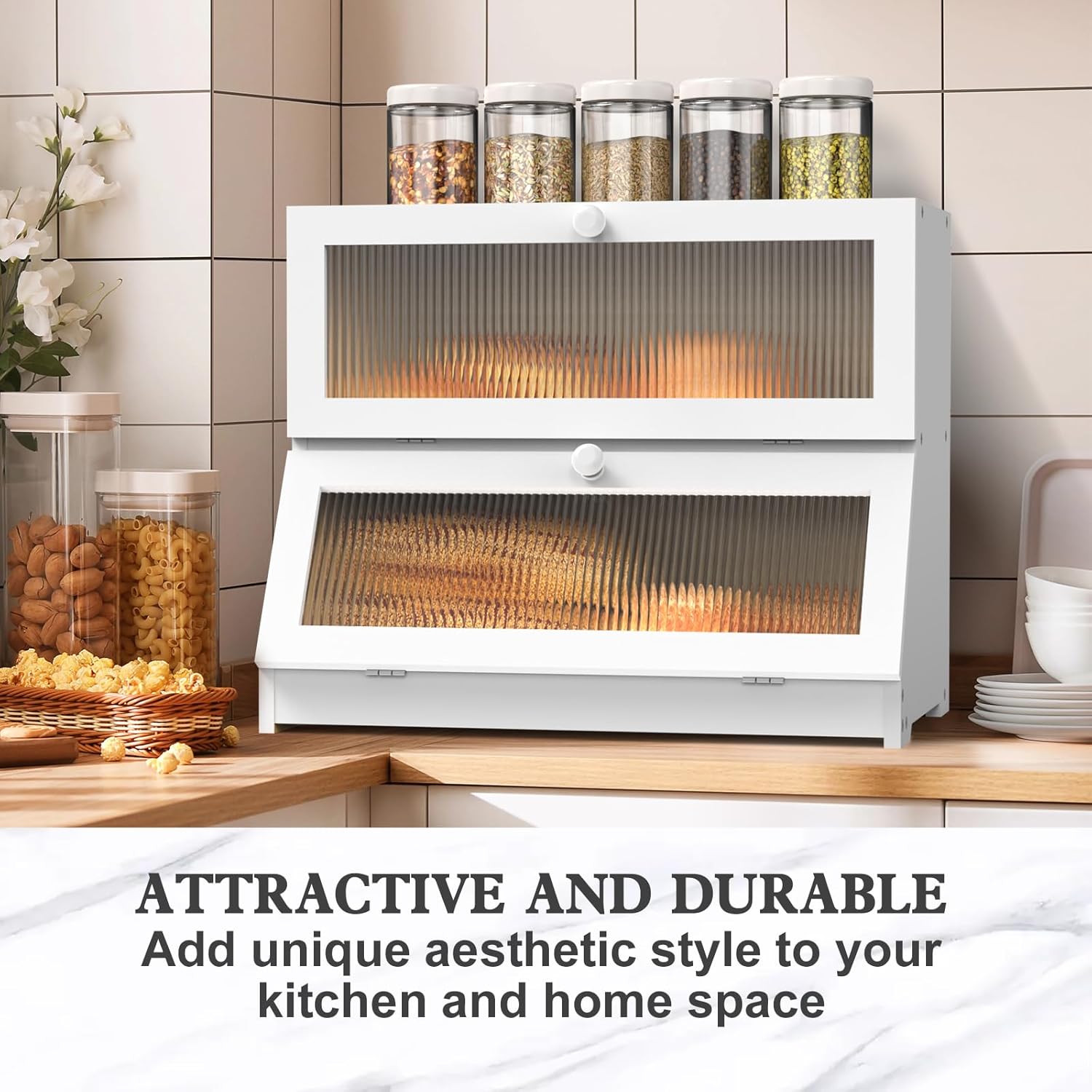 White double-layer bamboo bread box with two front slat windows and knob handles