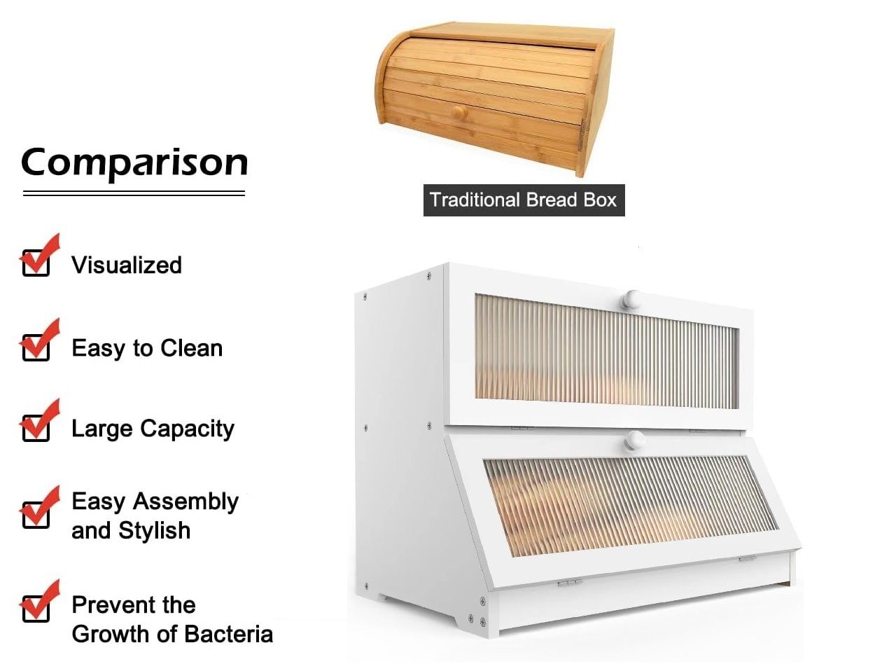 White double-layer bamboo bread box with front windows and lower vented panel