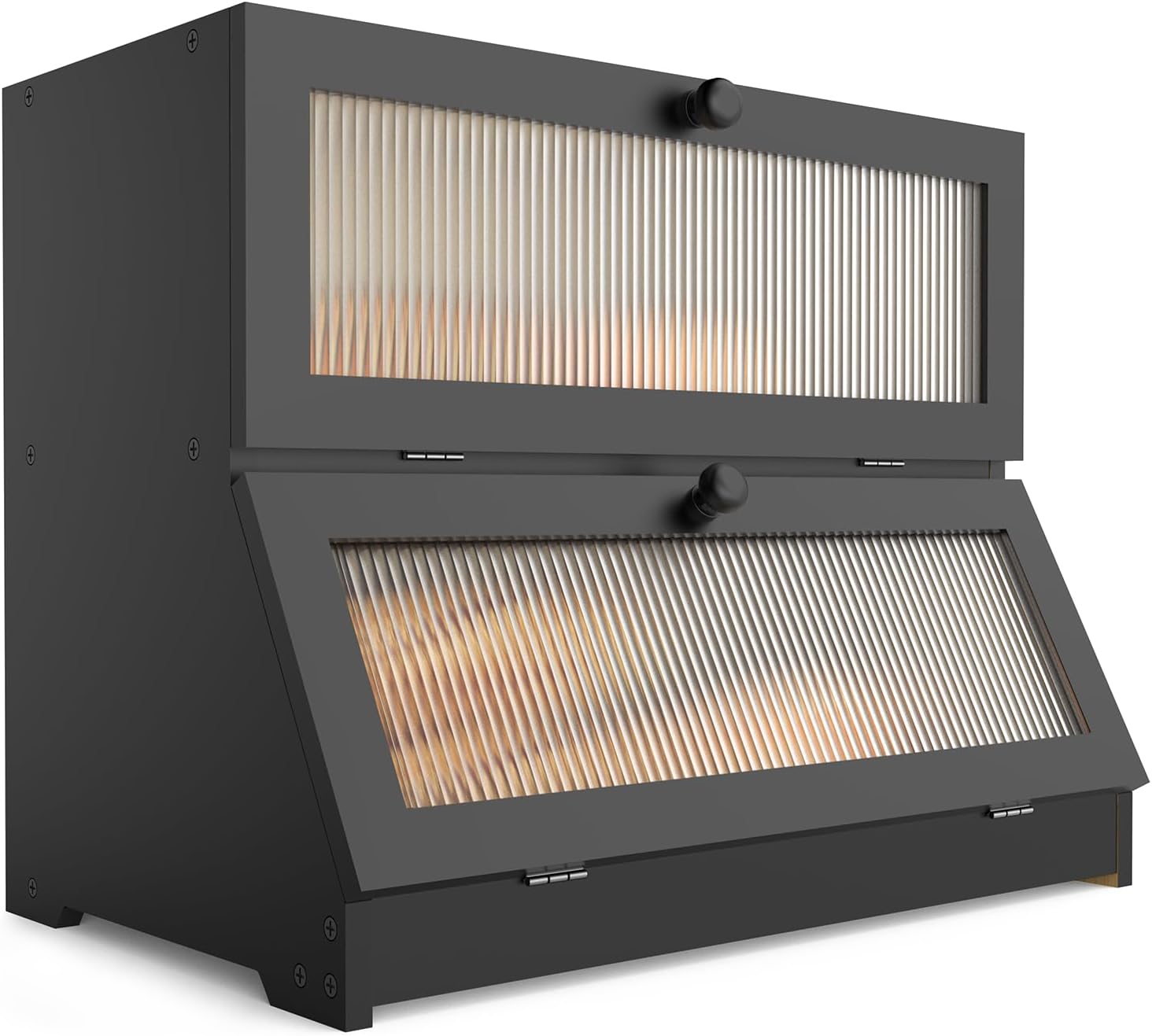 Double-layer bamboo bread box in black with two clear window panels on the front