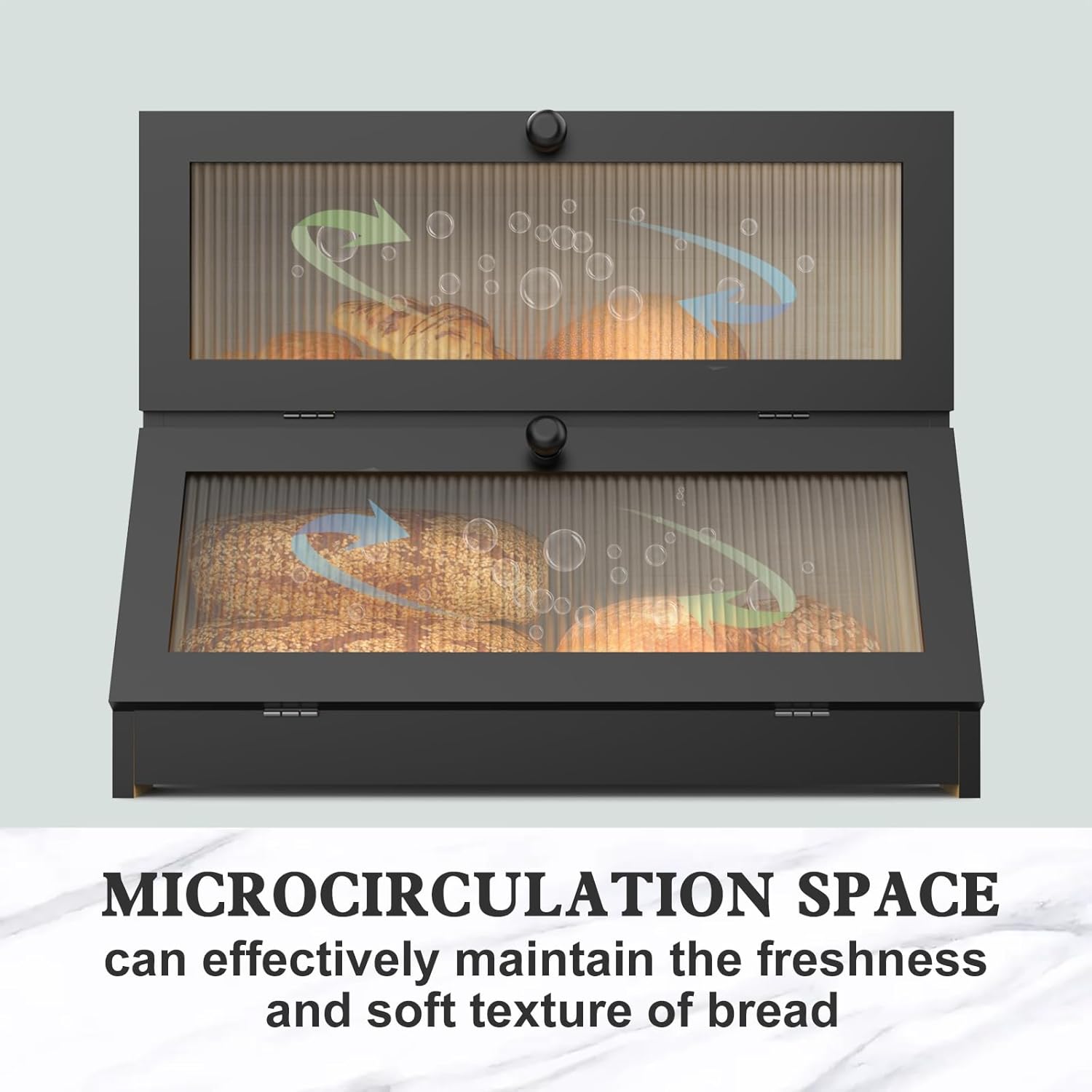 Black double-layer bamboo bread box with two see-through window fronts and slatted panels