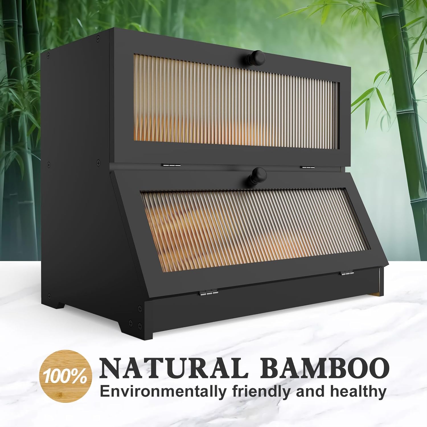 Black double-layer bamboo bread box with two clear front windows and hinged doors