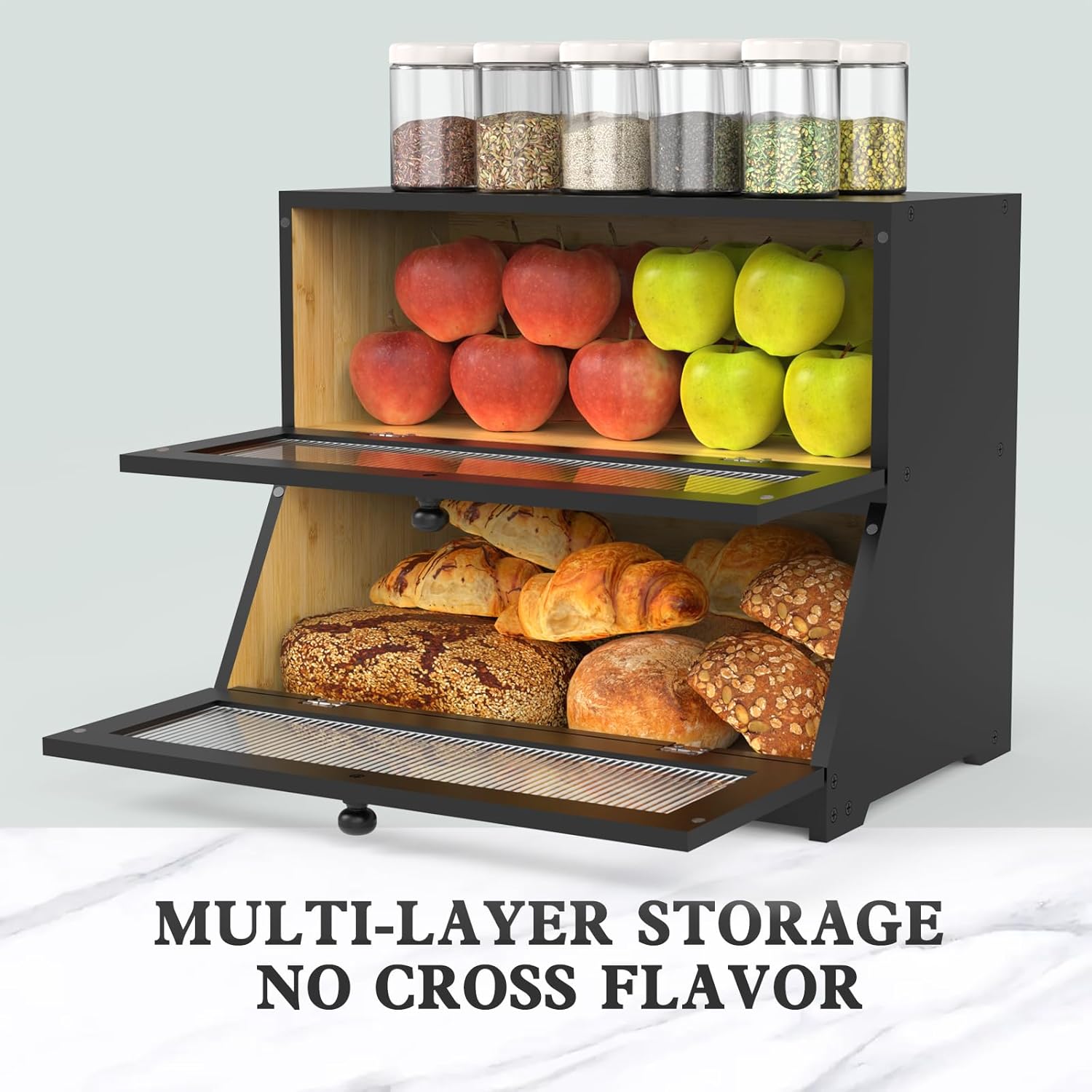 Black double-layer bamboo bread box with doors open, showing bread and storage trays