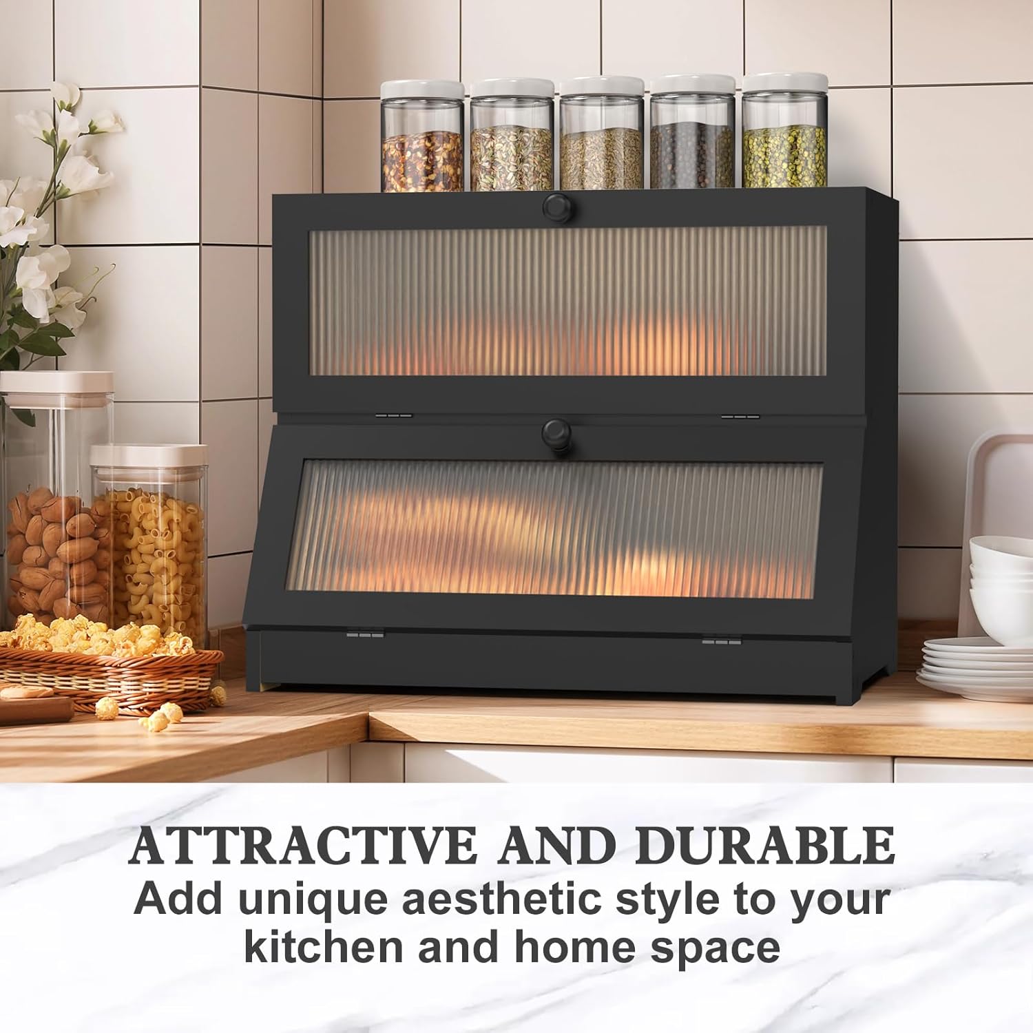 Black double-layer bamboo bread box with two clear window panels and ribbed bamboo inserts