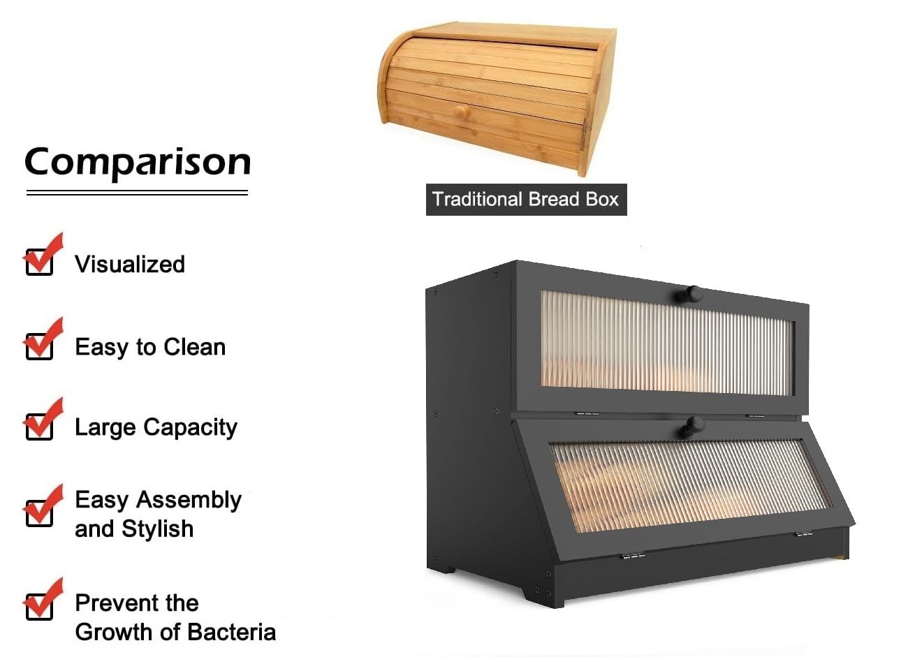 Black double-layer bamboo bread box with front clear windows and openable hinged doors